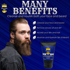 Face and beard wash product with black tube, blue label, and Oxylux brand text