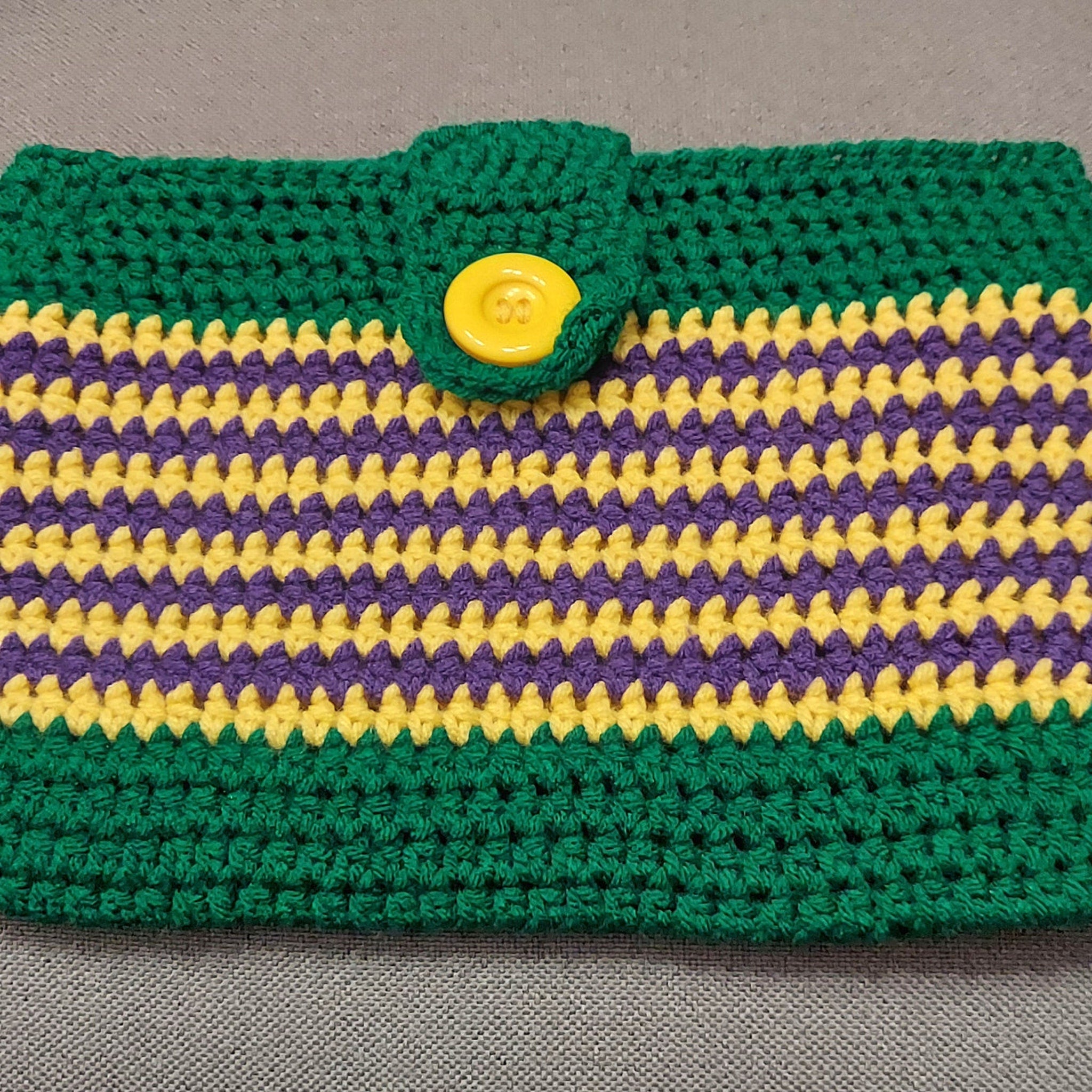 Main product view of Crocheted Mardi Gras Cosmetics Clutch Bag 11x8 Inches