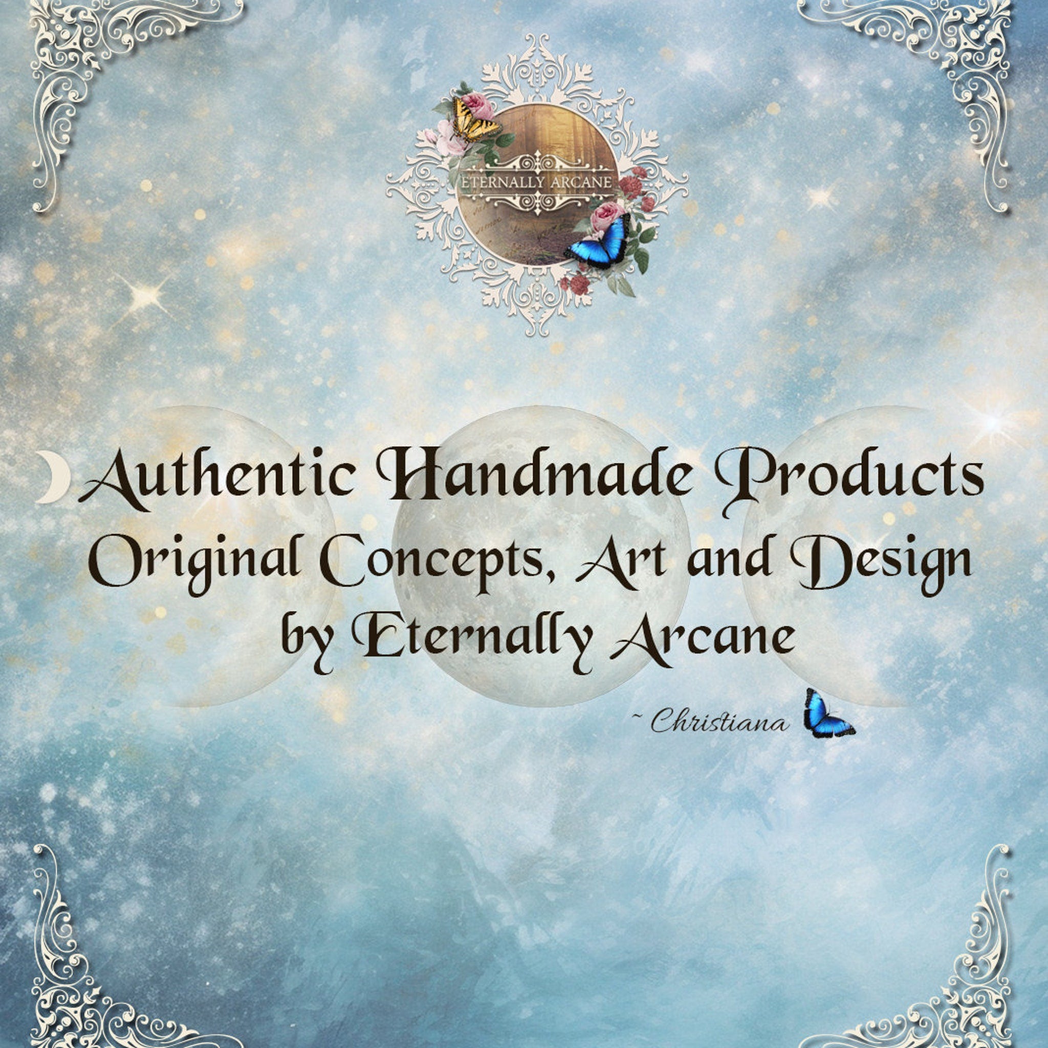 Eternally Arcane handmade products with blue and gold accents on a light blue background, with text.