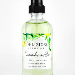Toner bottle with green liquid, black cap, and "DELIZIOSO SKINCARE" label, Cucumber + Aloe text