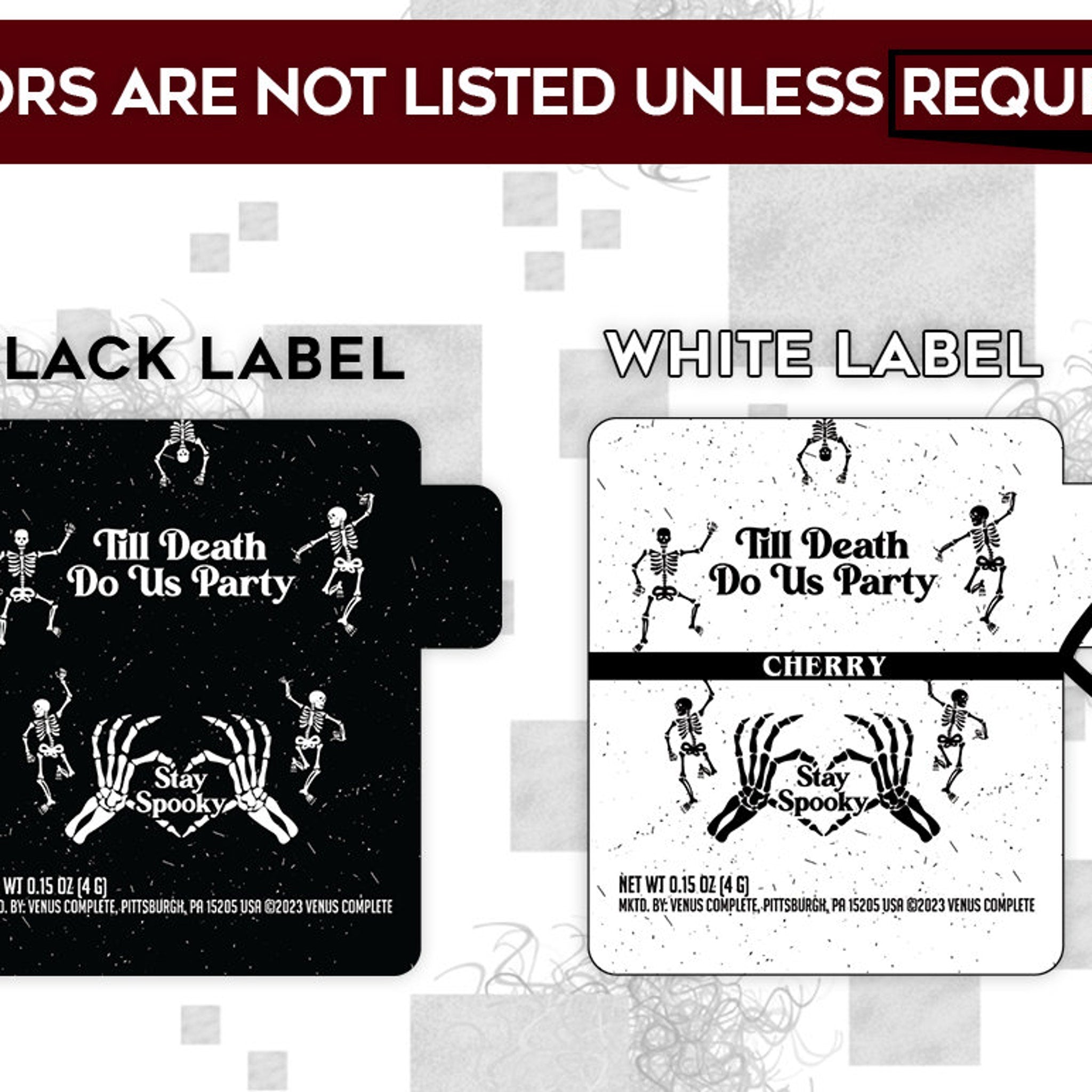 Labels with black and white backgrounds, skeleton graphics, and Venus Complete branding