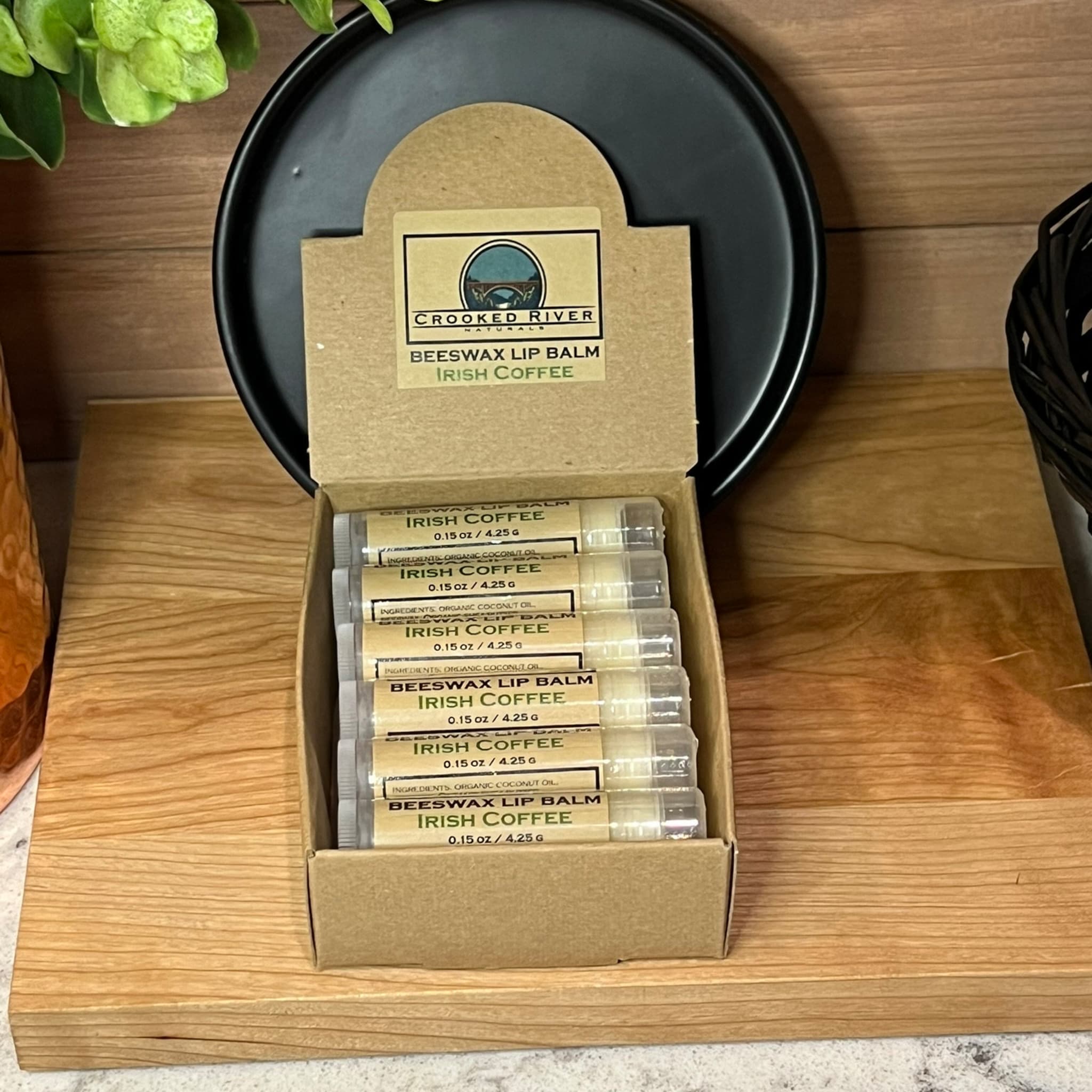 Beeswax lip balm tubes, clear tubes, brown label, Irish Coffee flavor, Crooked River brand