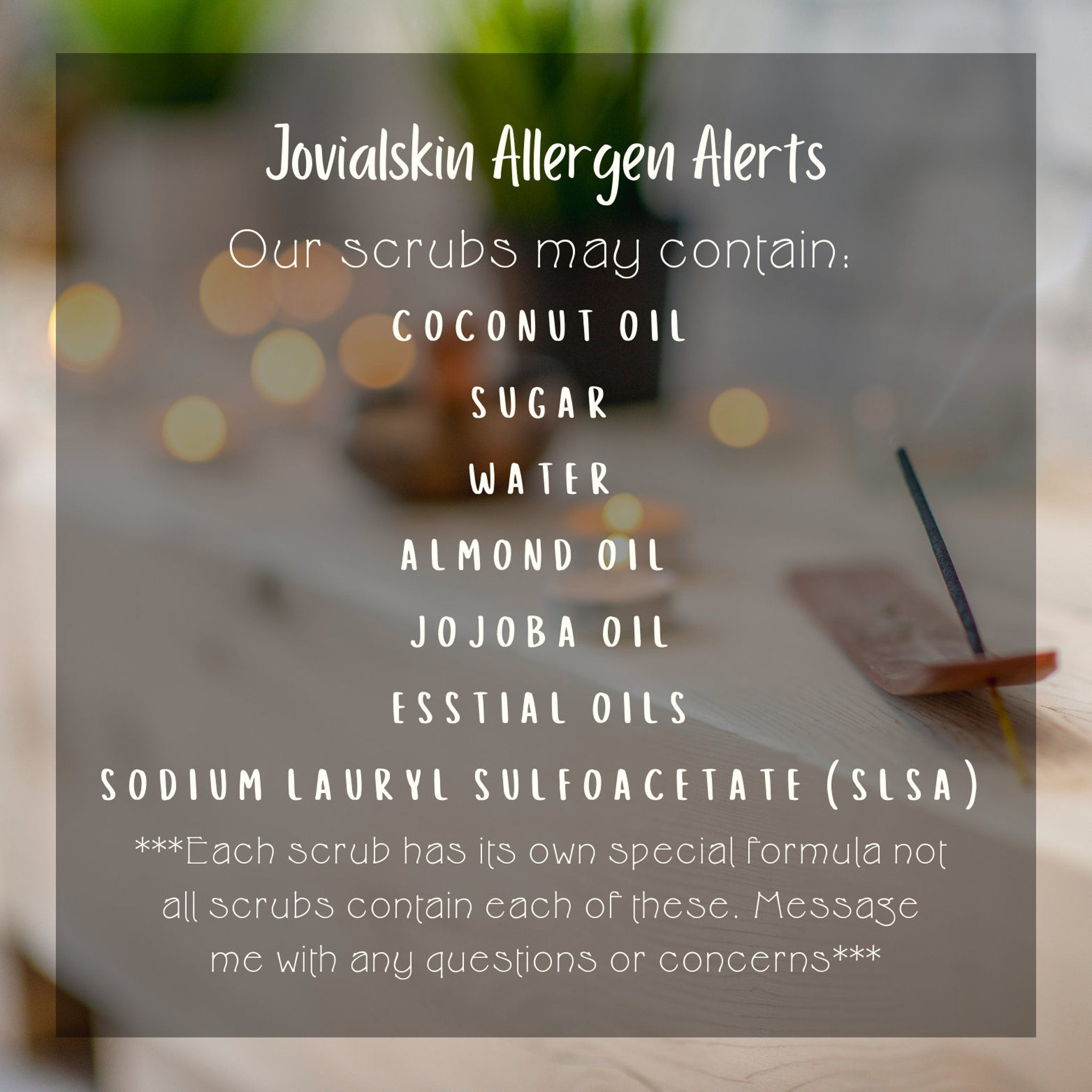 Jovialskin Allergen Alerts text on gray background with white font, ingredient list, and blurred background with bokeh lights