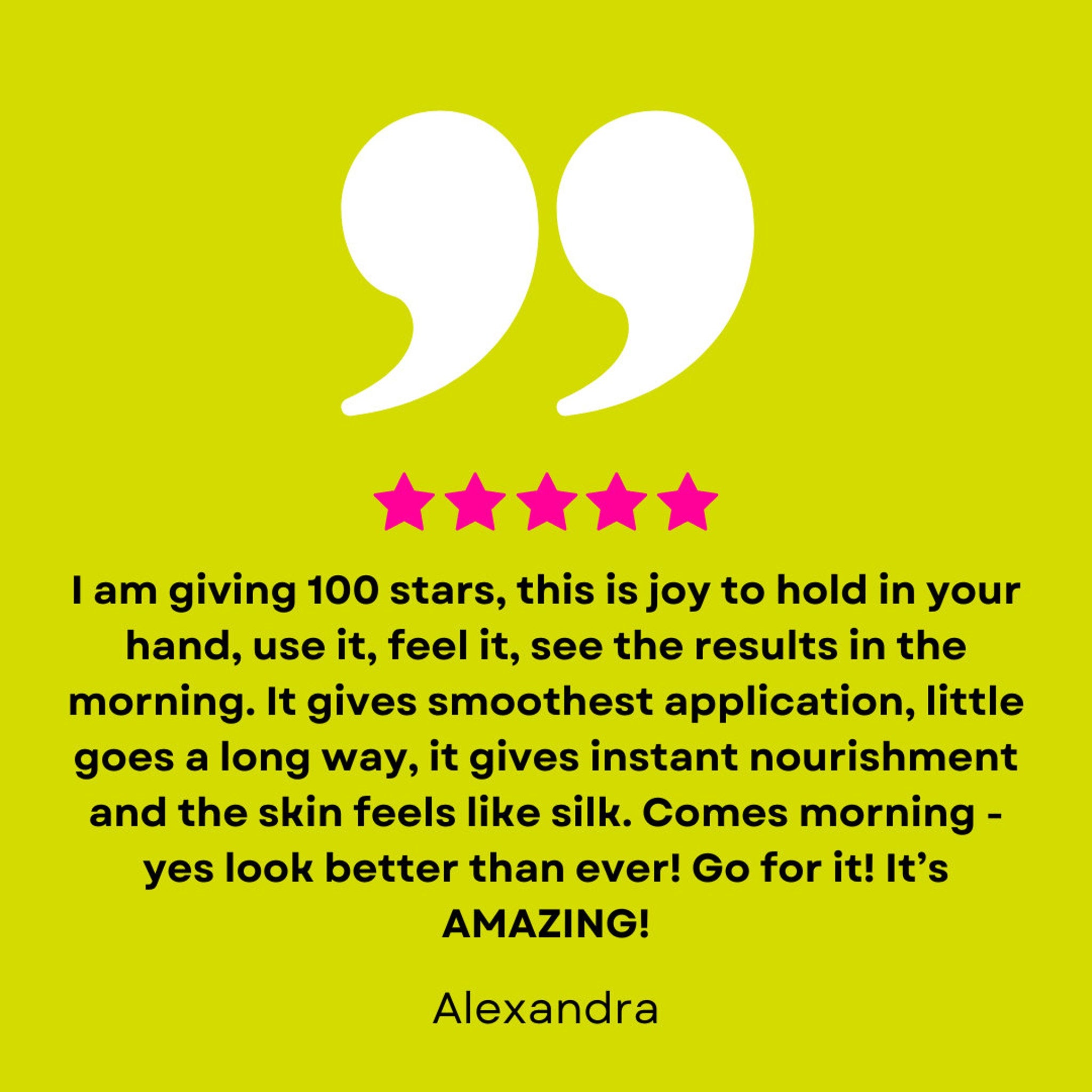 Customer review with white quotation marks, pink stars, and yellow background, text quote