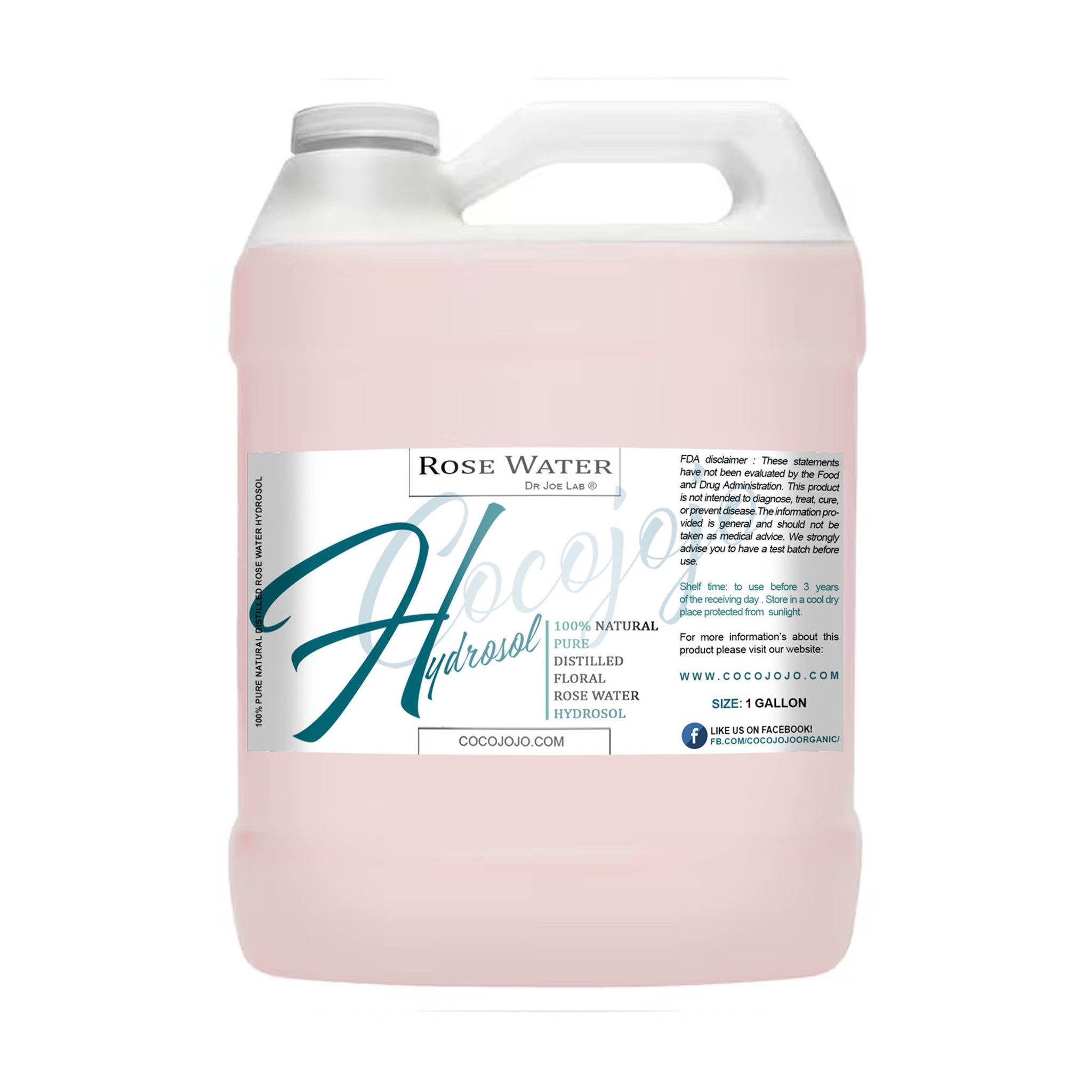 Rose water toner in a white plastic jug with pink liquid, Cocojojo label, and handle
