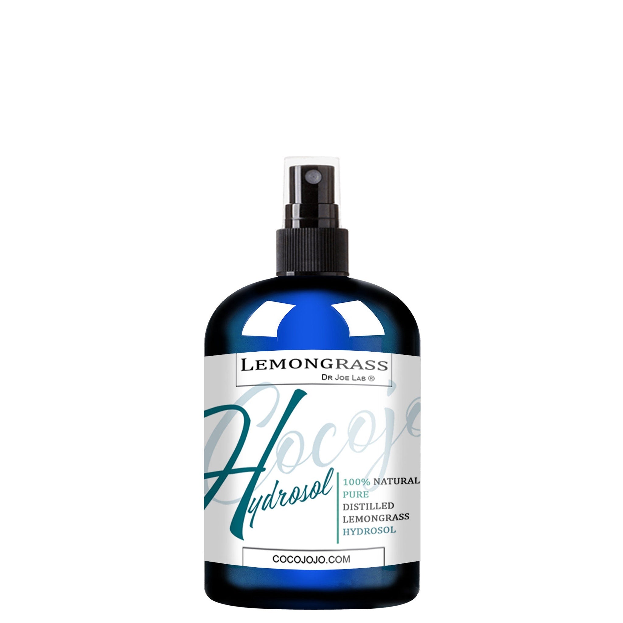 Lemongrass hydrosol spray bottle, blue glass bottle, black spray top, white label with text.