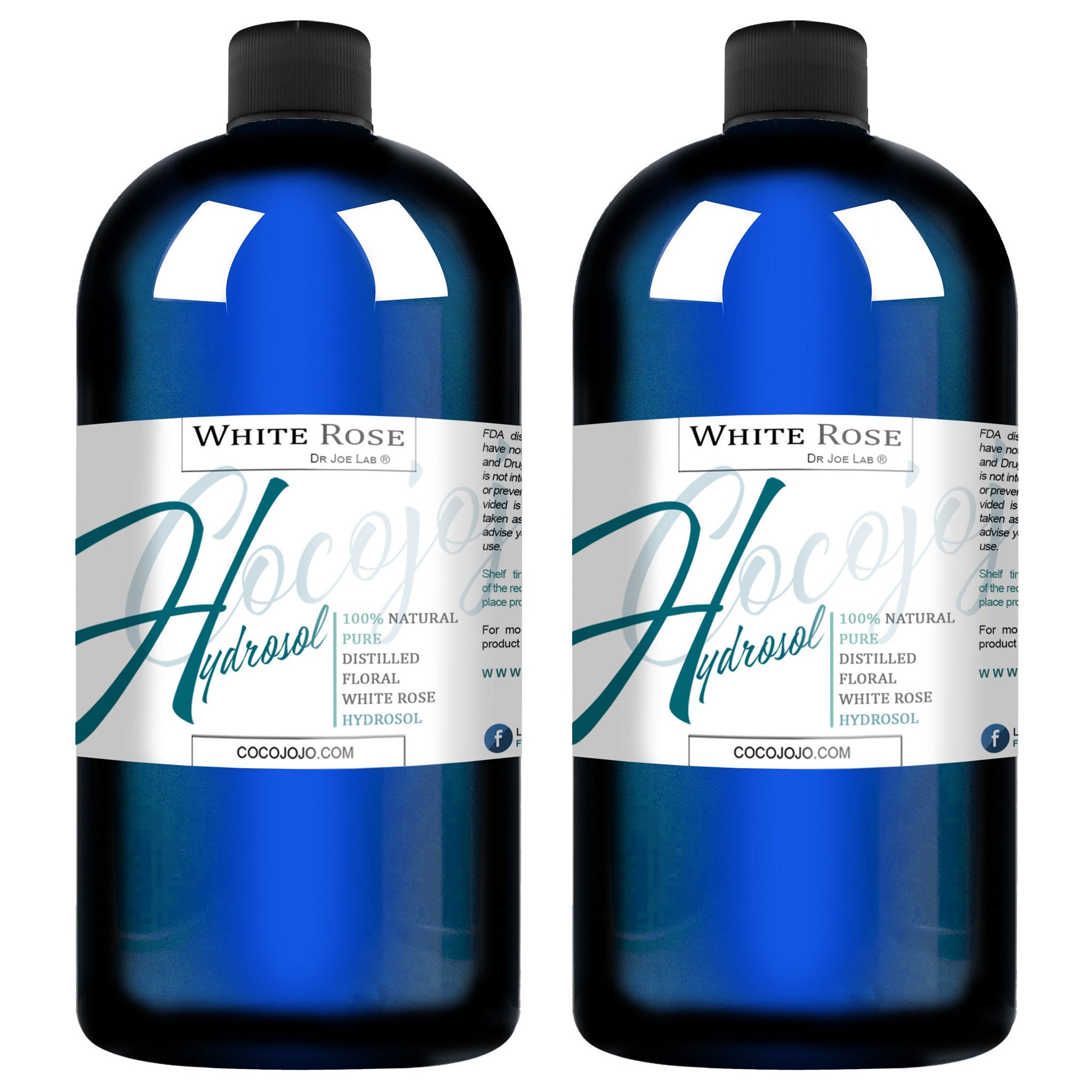 White Rose Hydrosol bottles, blue glass, black cap, with Cocojojo branding displayed