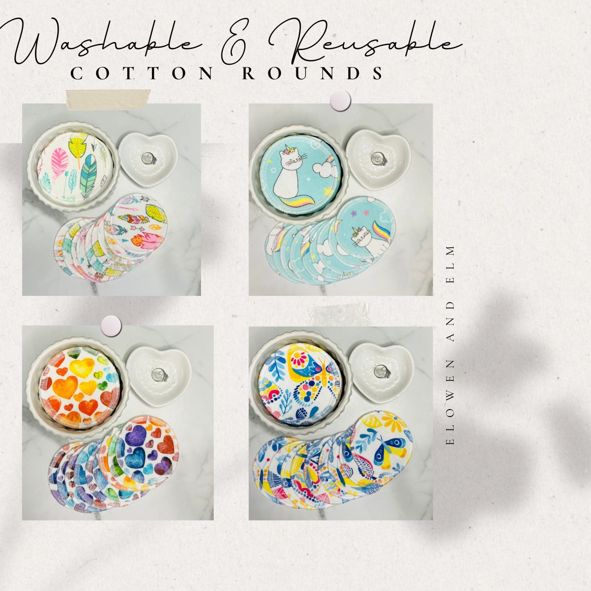 Washable cotton rounds with colorful patterns, white ceramic dish, and heart-shaped dish with ring