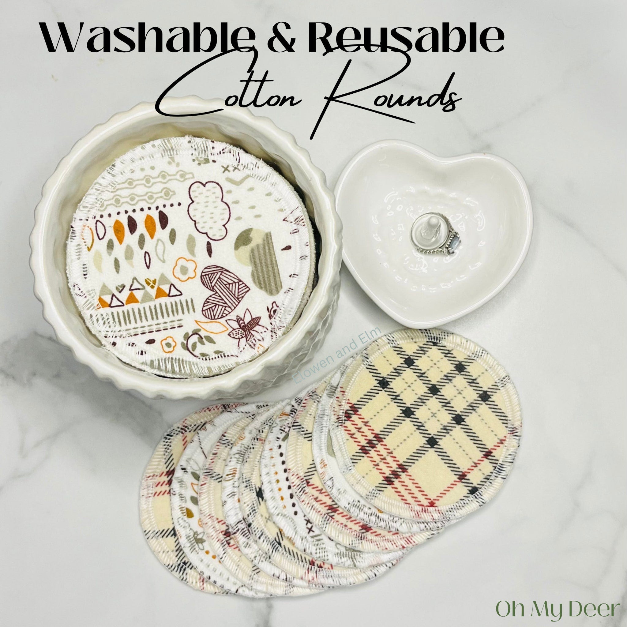 Face pads with various patterns, white, beige, and plaid, in a white bowl