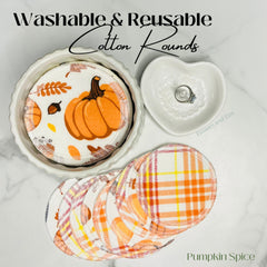 Washable cotton rounds with pumpkin and plaid patterns, in a white ceramic dish, Elown and Elm brand