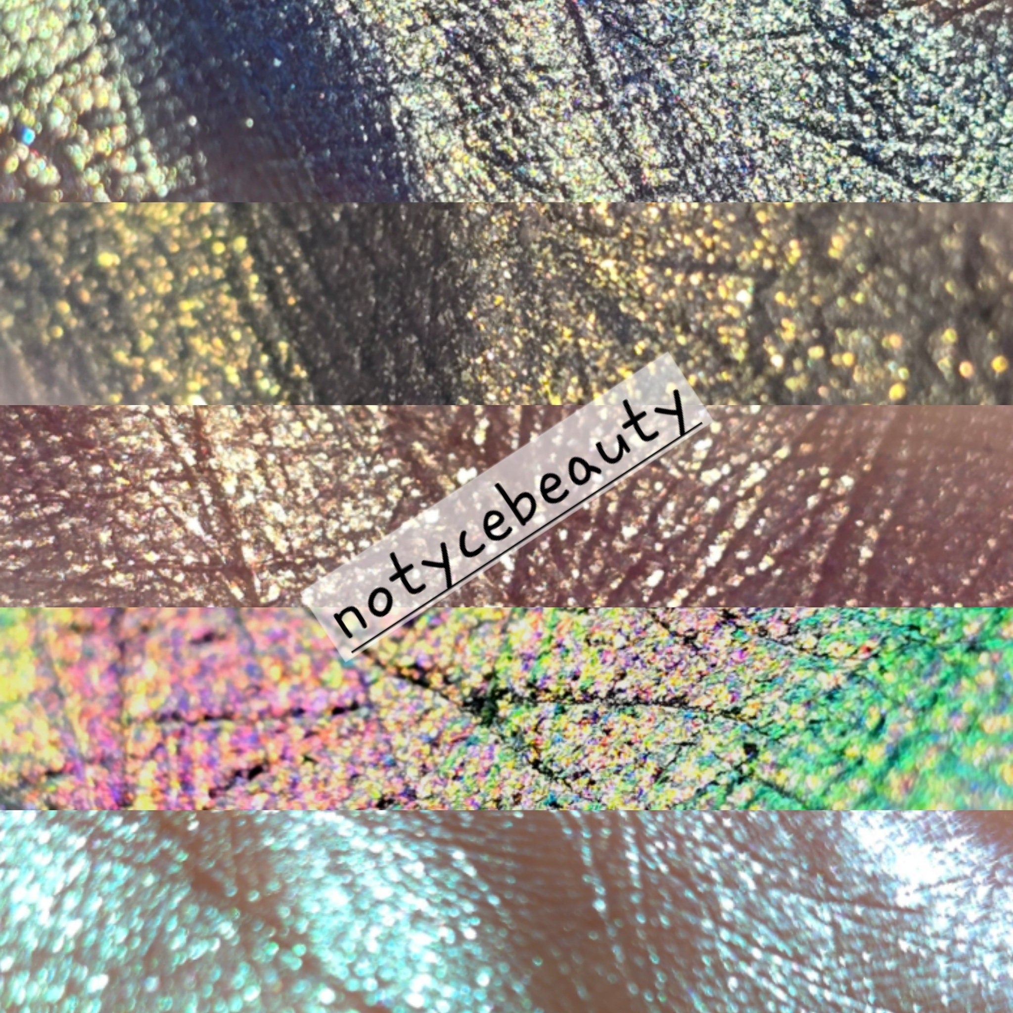 Five multichrome pressed eyeshadow pans in shifting colors displayed in sleek black packaging with reflective finish