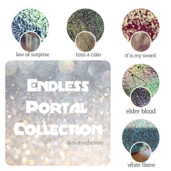 Five pressed multichrome eyeshadow pans with shimmering color shift in a sleek black palette