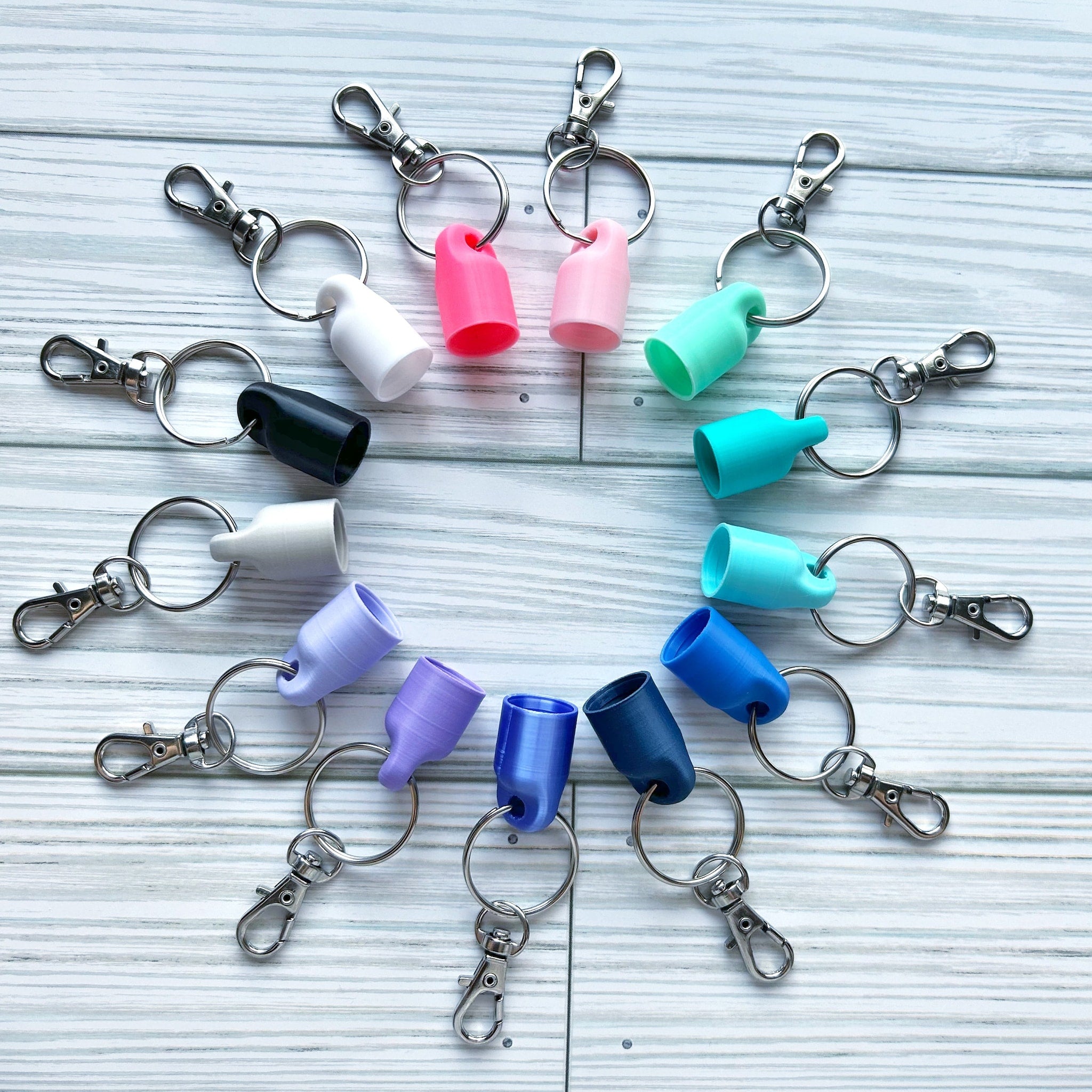 Keychains with colorful plastic holders and silver metal clips arranged in a circle