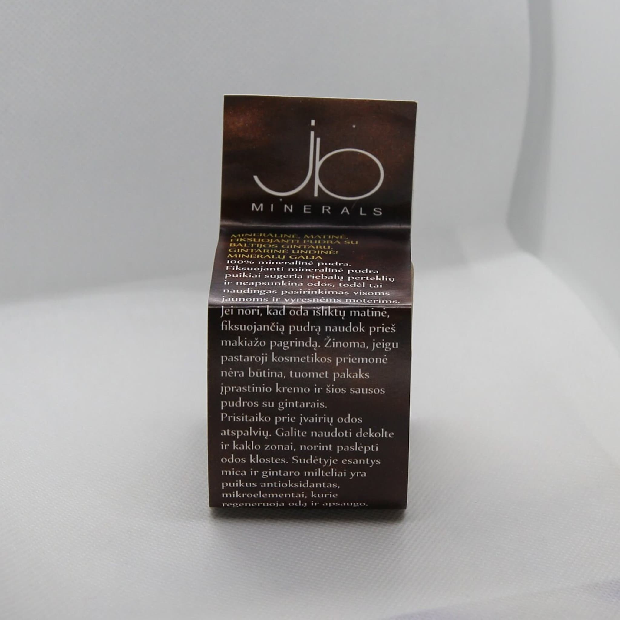 JB Minerals product packaging, brown and white text on dark brown, with product information visible