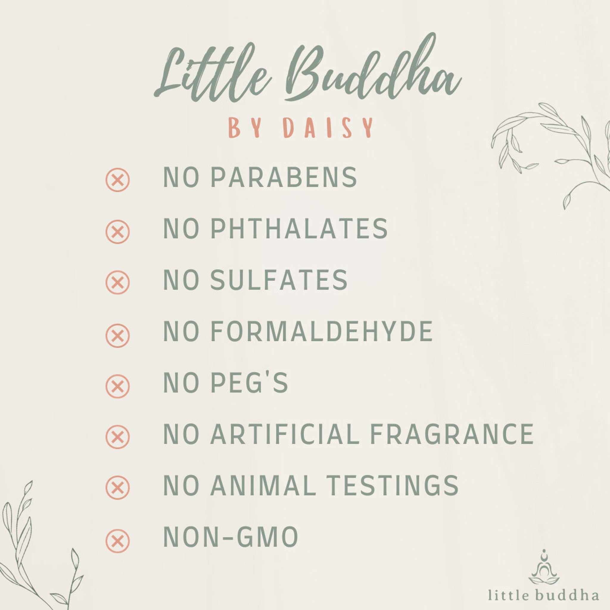 Little Buddha logo on cream background with green and coral text, showing product ingredients
