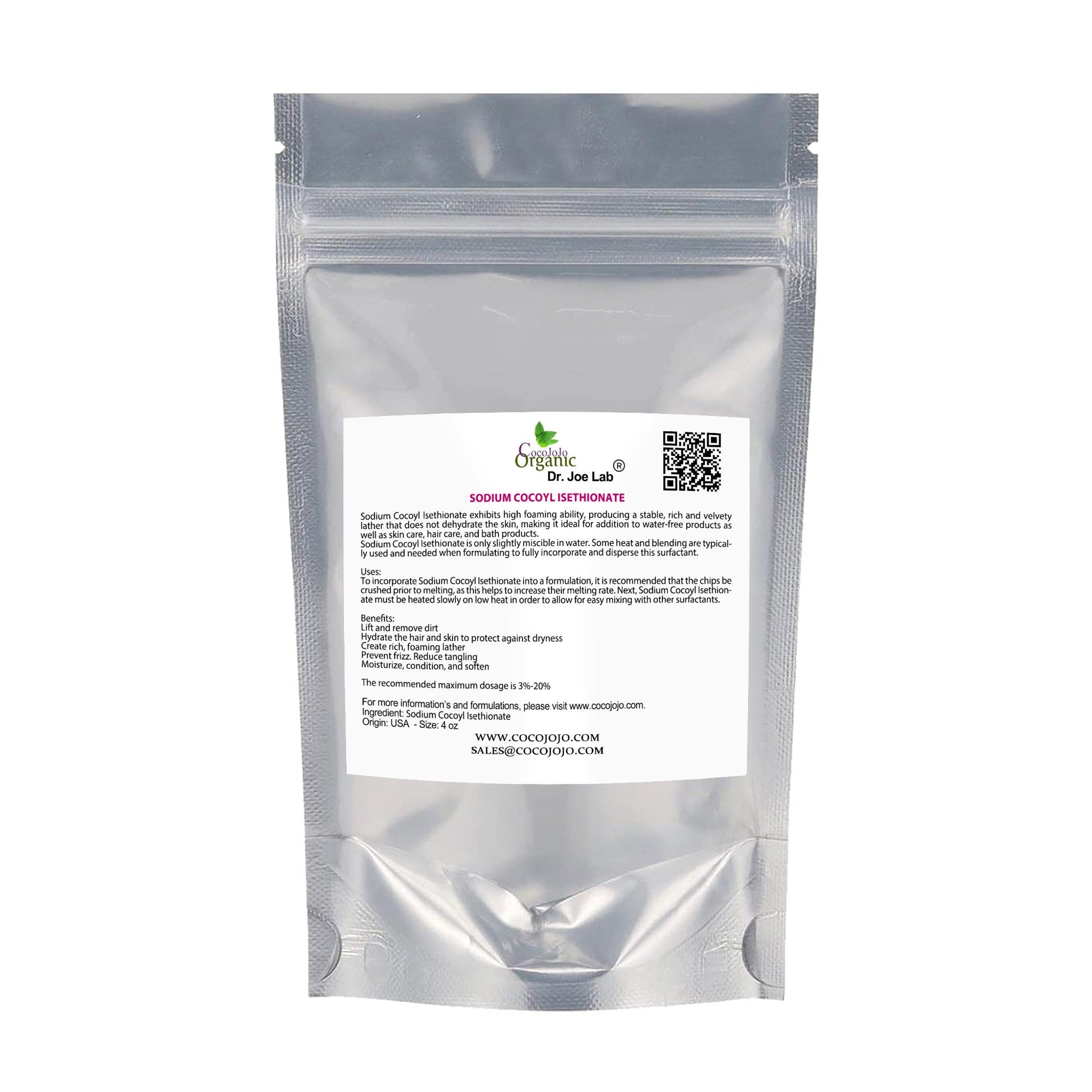 Sodium Cocoyl Isethionate in silver pouch with white label, brand name visible