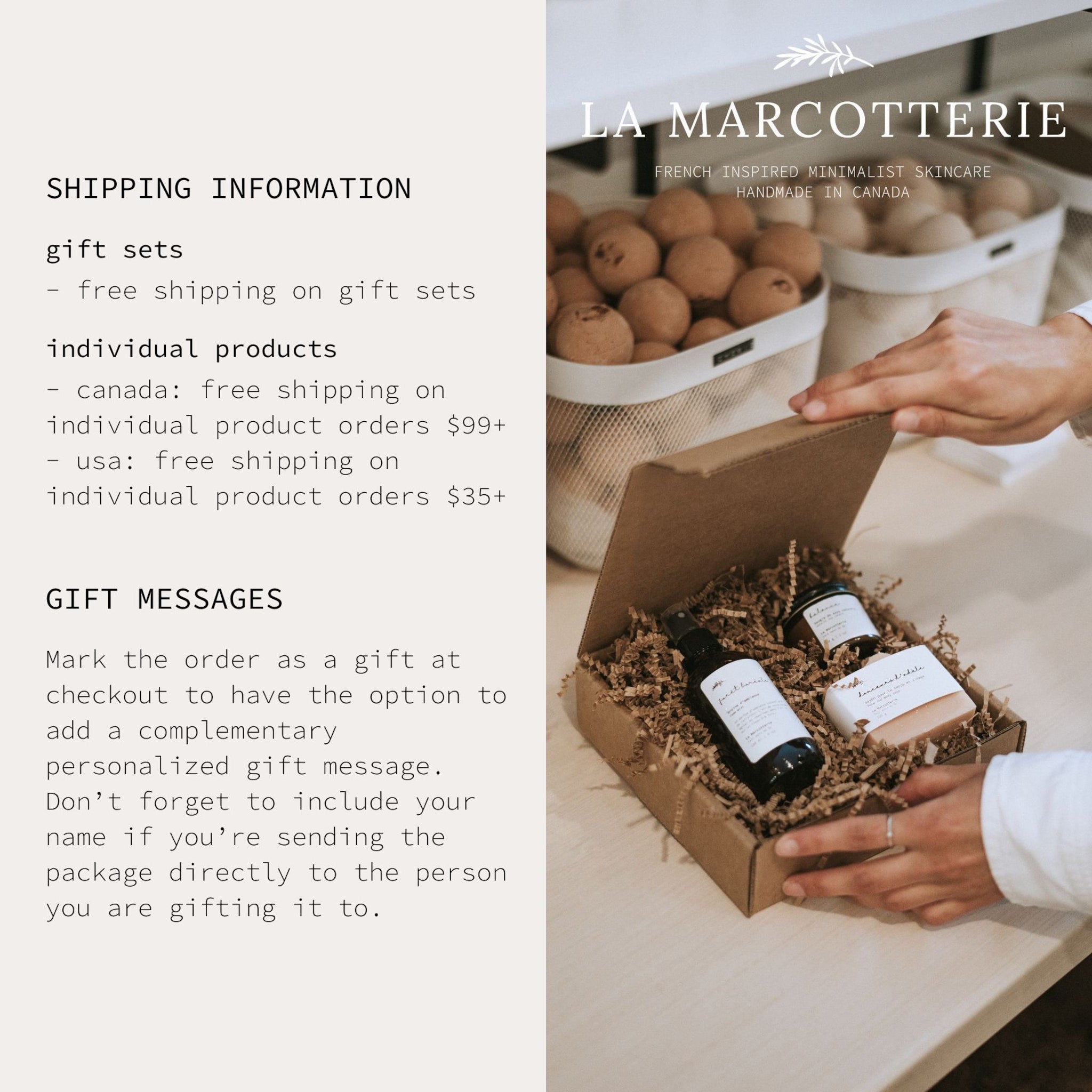 Gift set with brown box, kraft paper filler, and La Marcotterie products inside