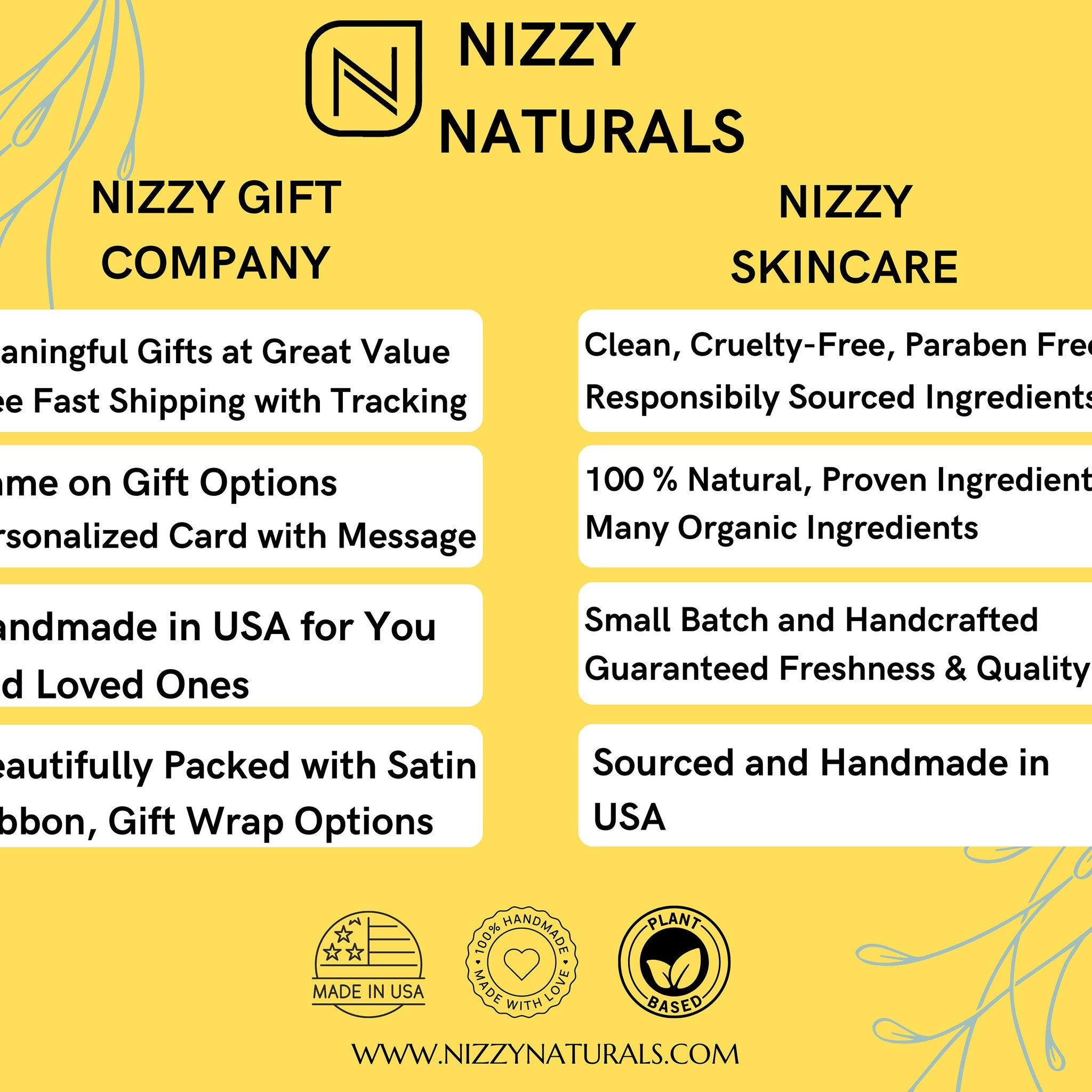 NIZZY NATURALS logo with yellow background, black text, and blue floral accents, showing gift and skincare options