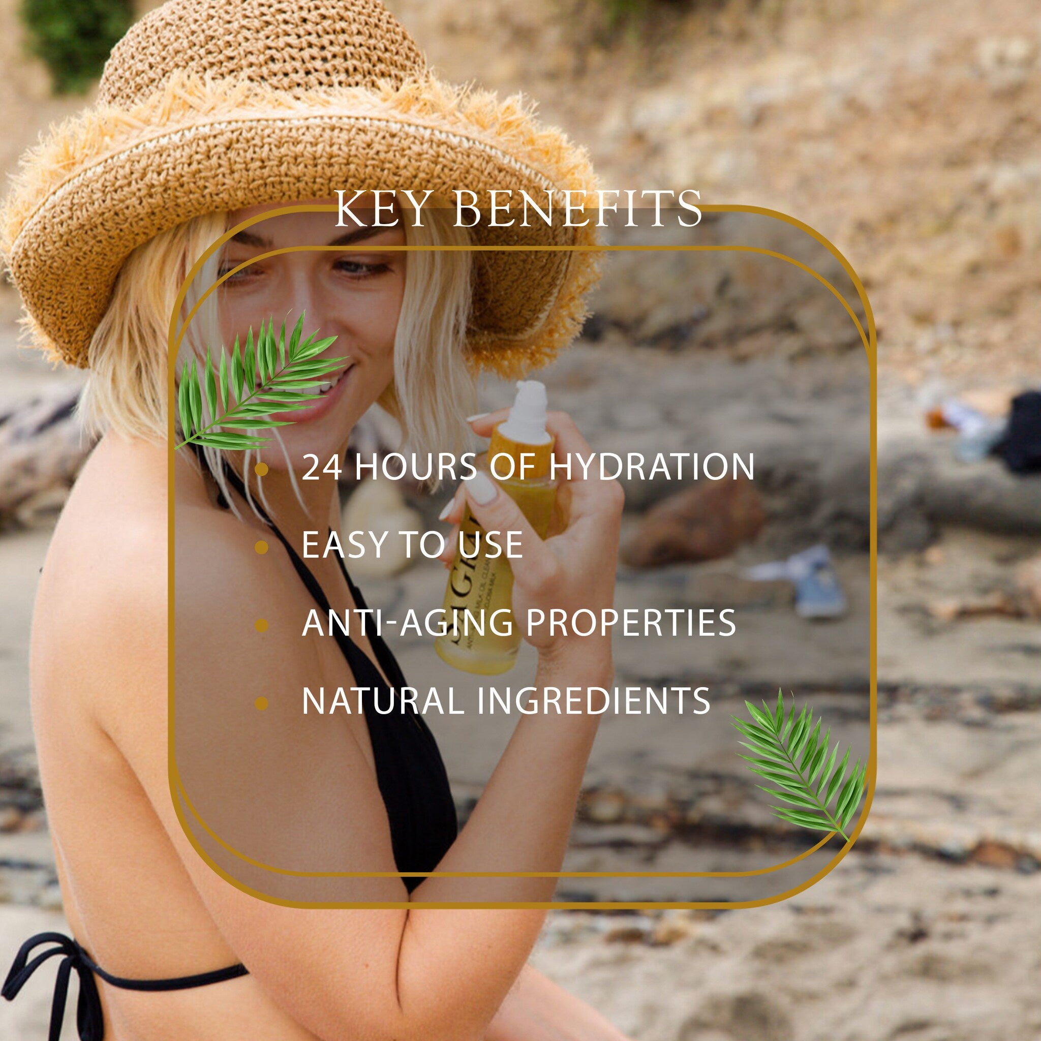 Skincare product bottle, yellow liquid, woman holding bottle on beach, text "Key Benefits