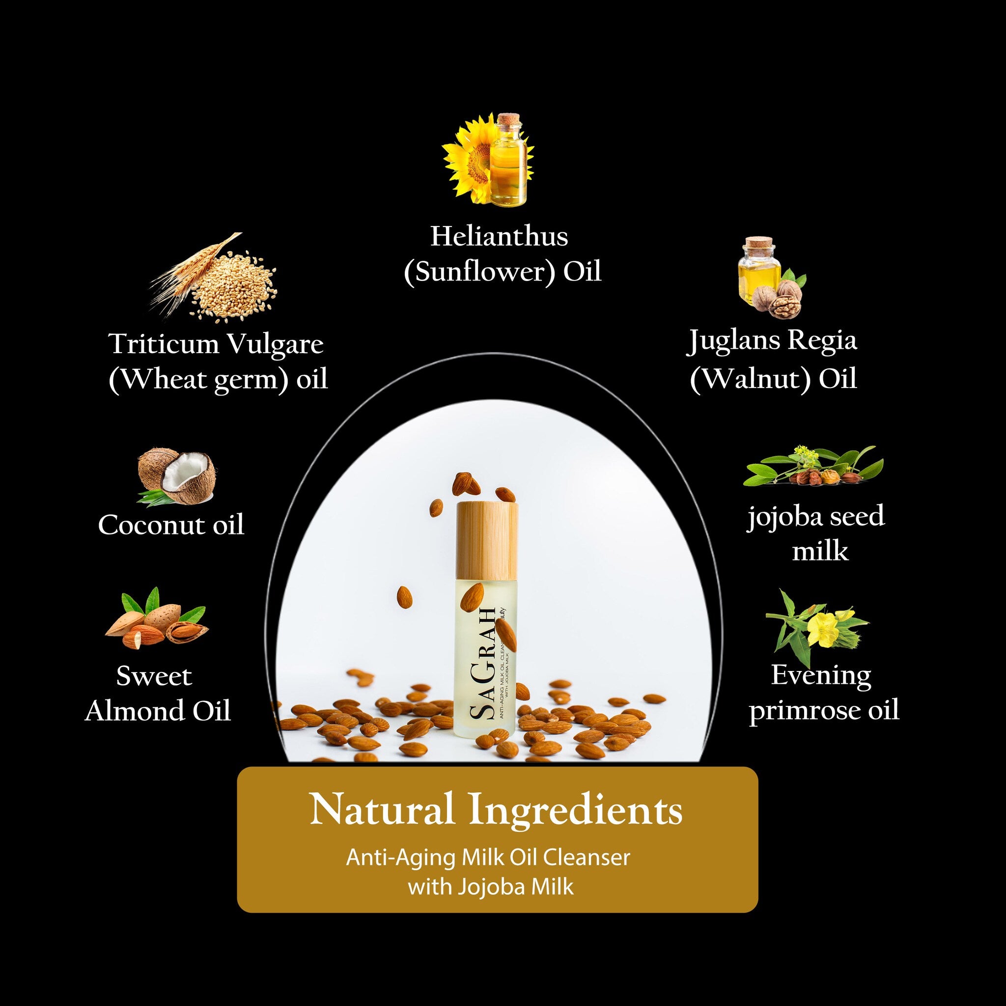 Anti-aging milk oil cleanser with ingredients, clear glass bottle, wooden cap, and brand text
