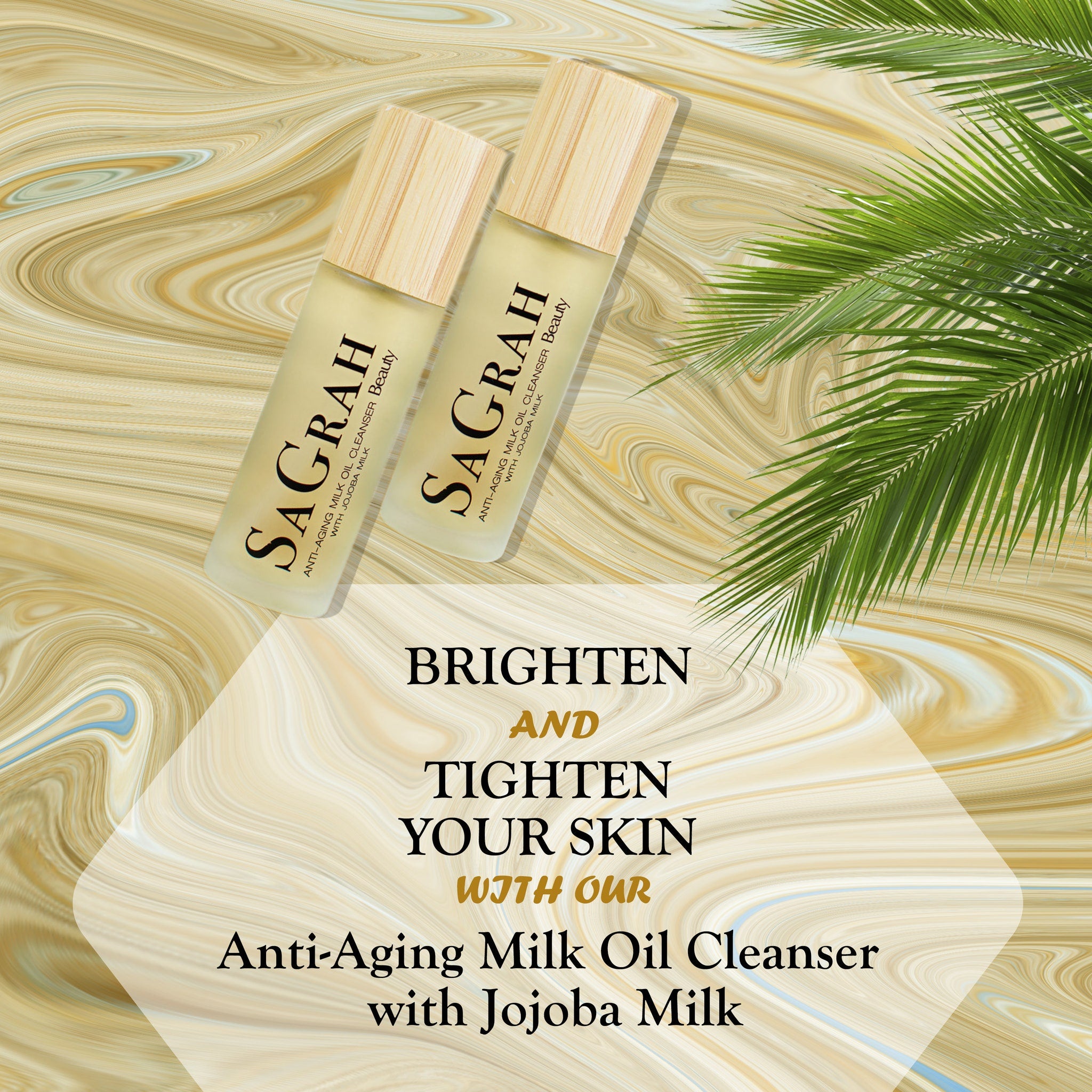 Anti-aging milk oil cleanser bottles with wooden caps, cream-colored liquid, and "SAGRAH" branding, on a patterned background