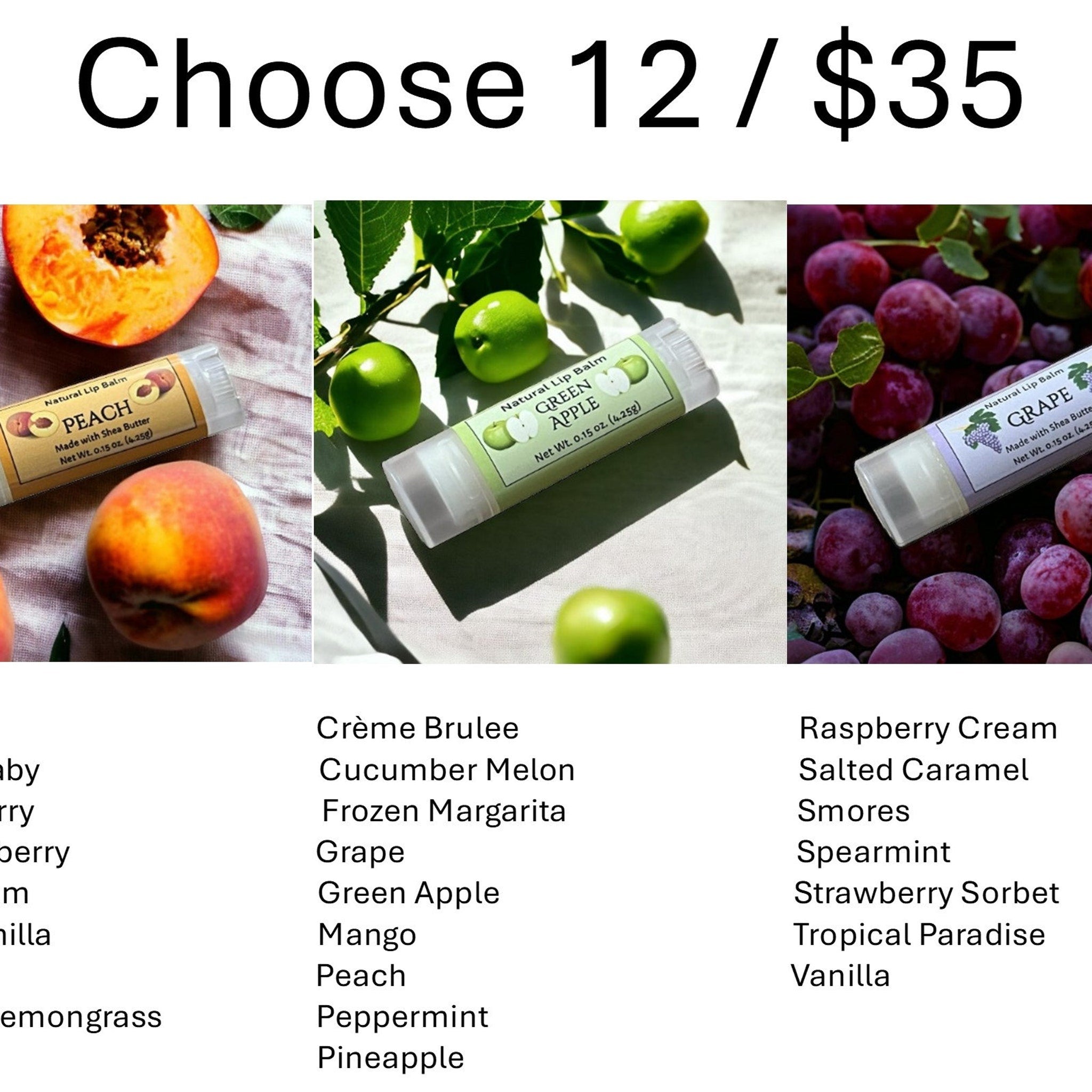 Lip balm tubes with fruit, white plastic, and text labels with flavors