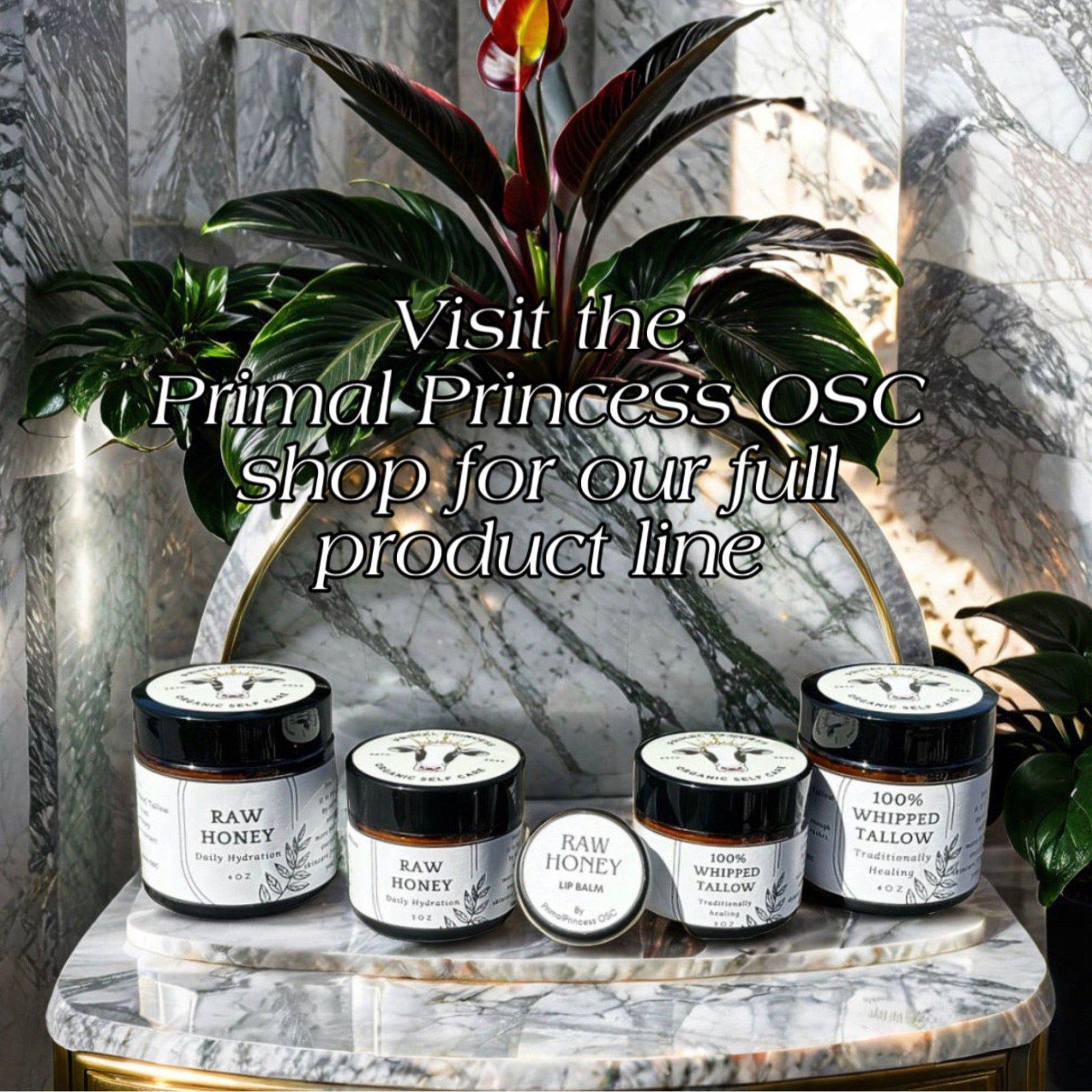 Primal Princess skincare products in black jars with white labels, on a marble surface, with greenery in background