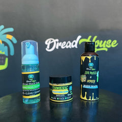 Facial cleanser bottles with blue, black, and clear colors, Dread House brand products, for skincare