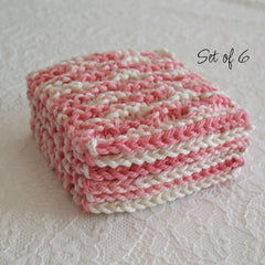 Knitted washcloths in pink and white stripes, set of 6, visible texture and layers