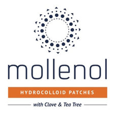Hydrocolloid patches logo with blue and white circular design, orange text box, Mollenol brand name