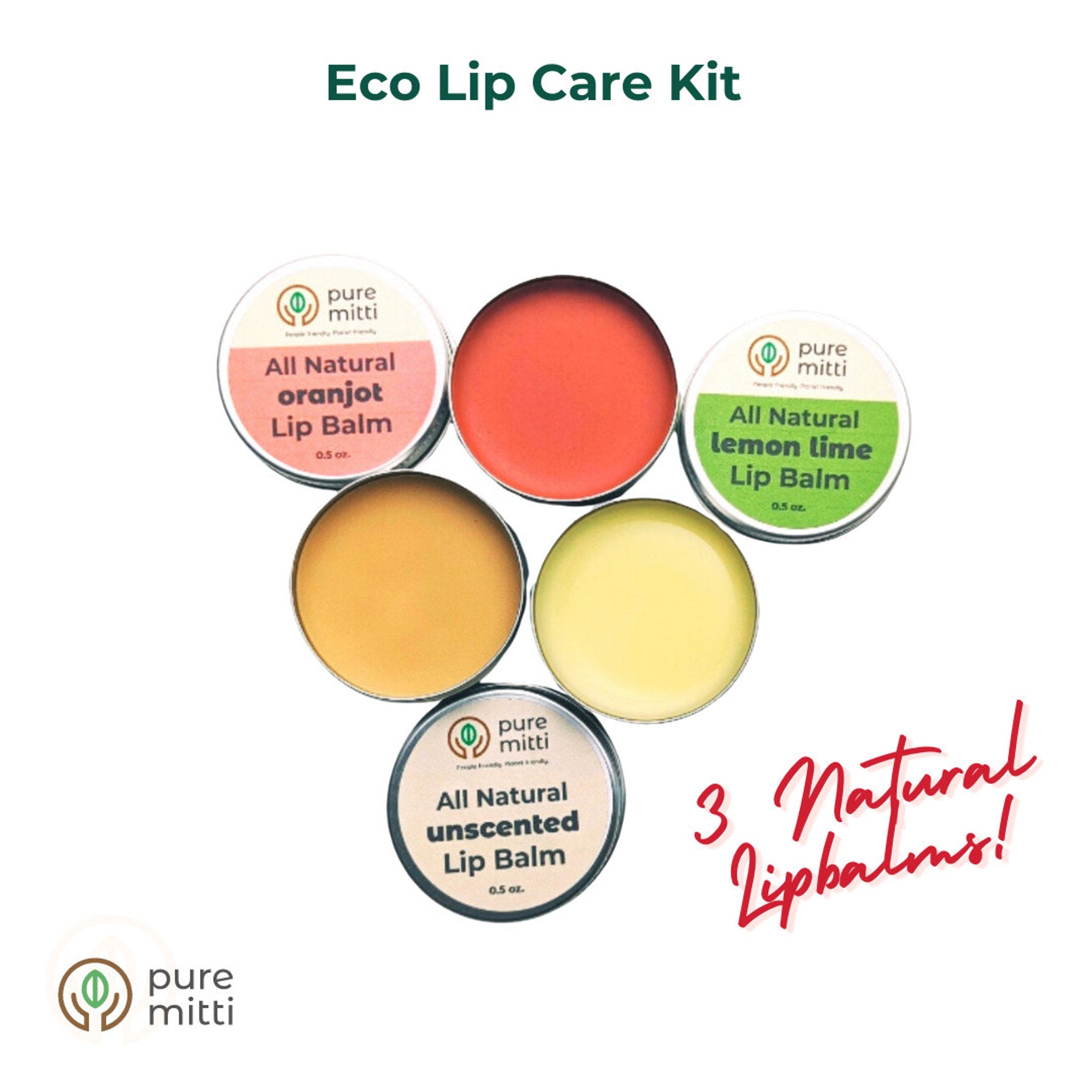 Lip balm kit with multiple colors, round metal tins, Pure Mitti brand name visible