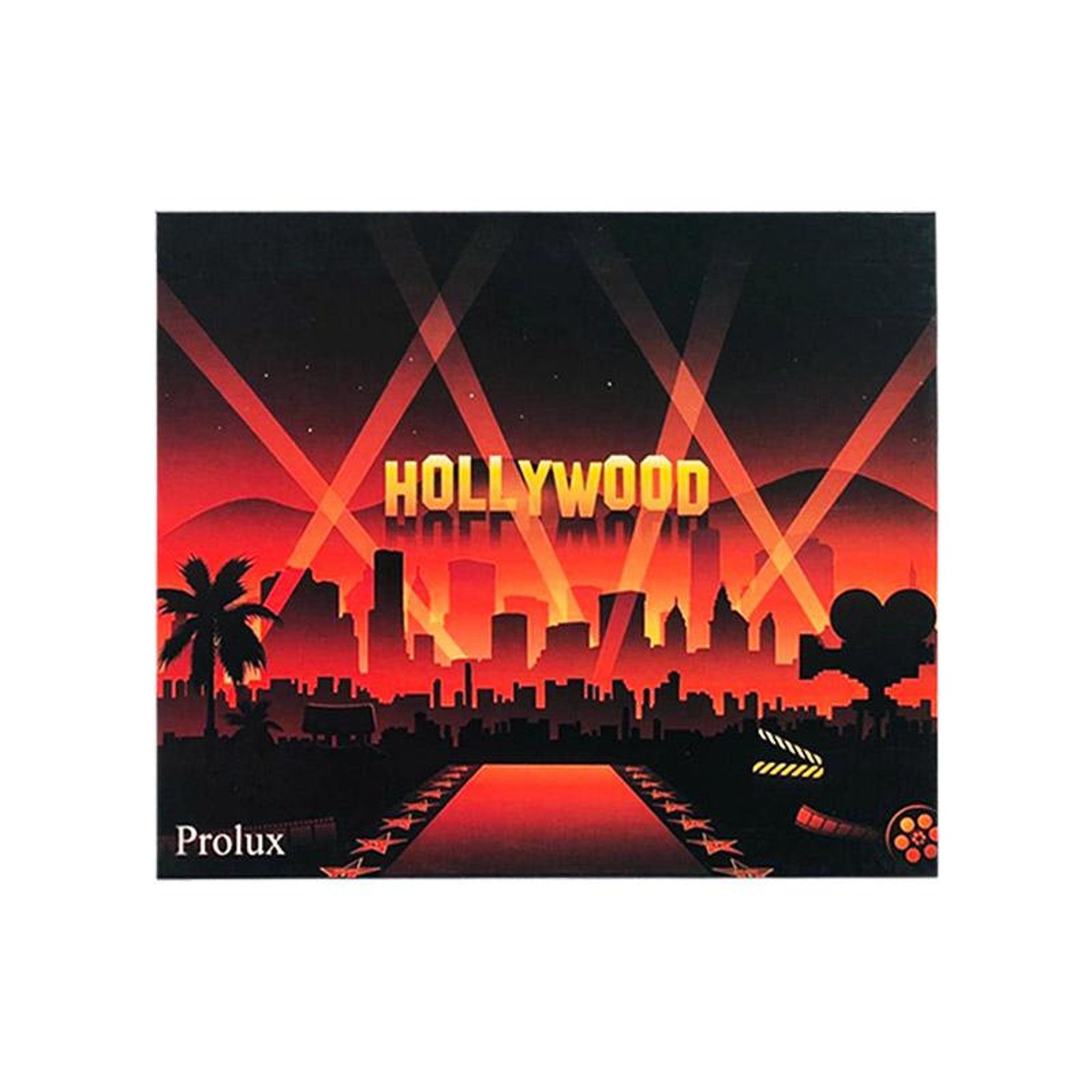 Hollywood themed poster with red and black color scheme, Hollywood text, and Prolux brand visible