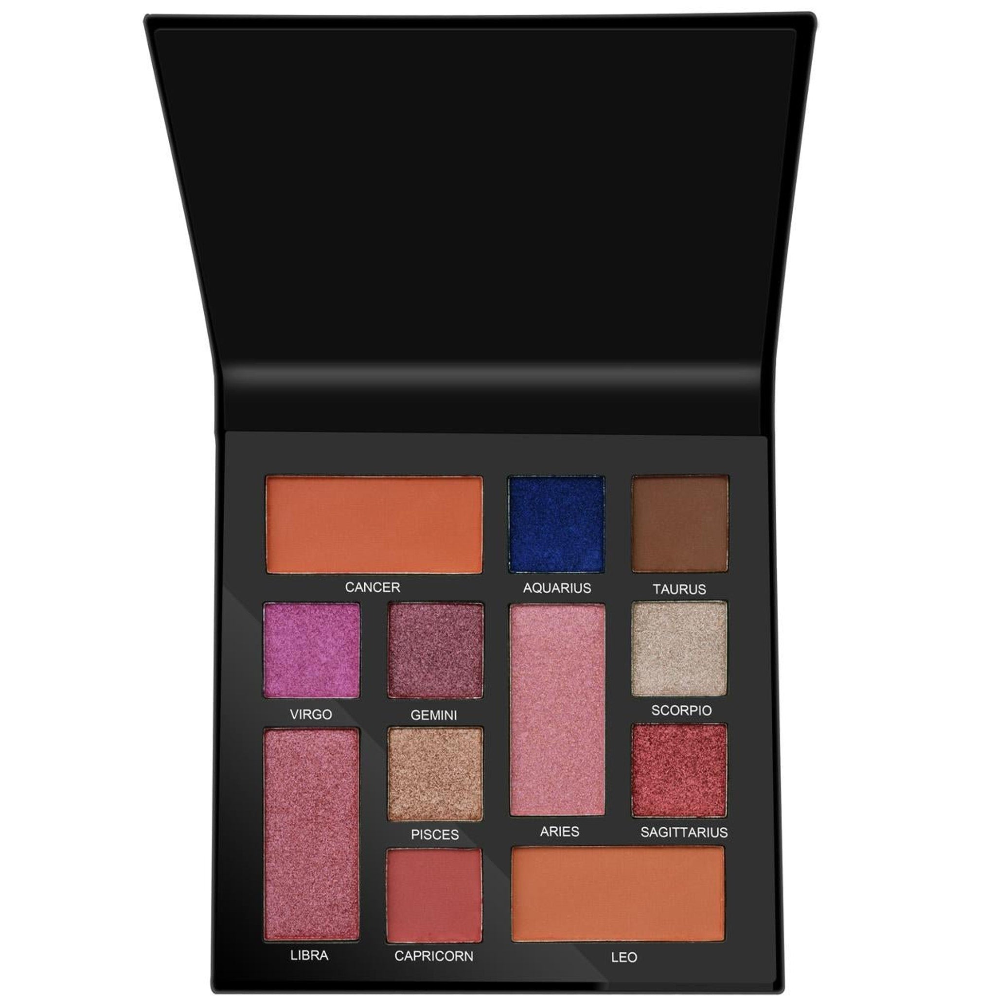 Eyeshadow palette with multiple colors, black case, and zodiac labels