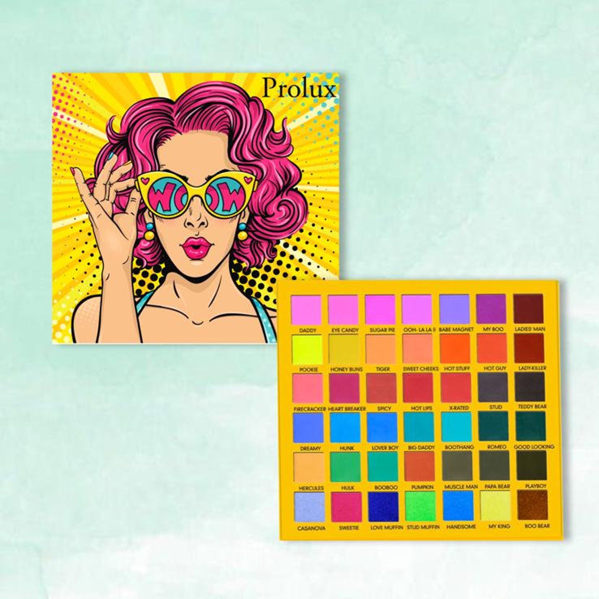 Eye shadow palette with yellow, pink, and multi-color shades, Prolux brand, pop art style illustration
