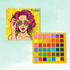 Eye shadow palette with yellow, pink, and multi-color shades, Prolux brand, pop art style illustration