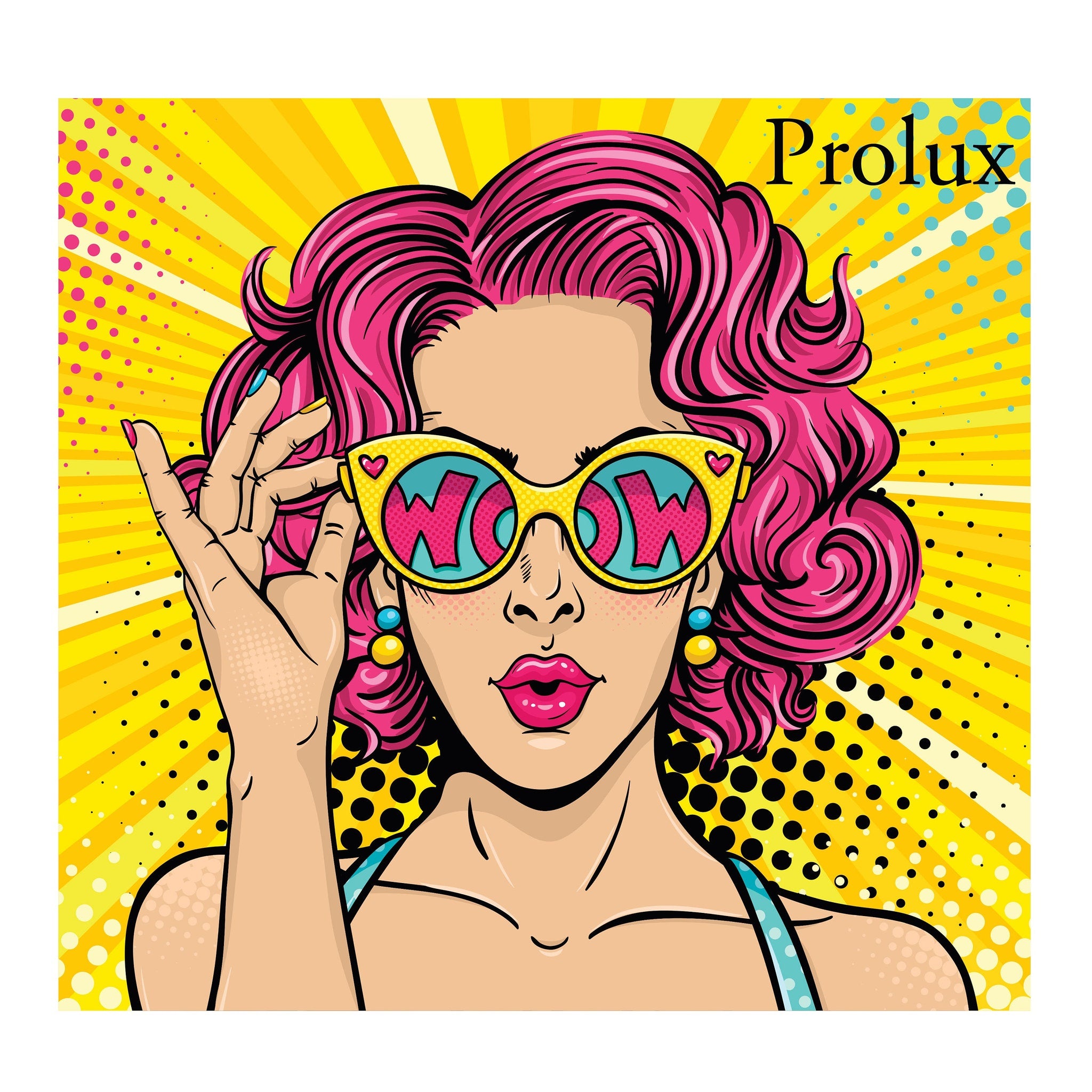 Pop art illustration of woman with pink hair, yellow sunglasses, and "WOW" text, Prolux brand name visible