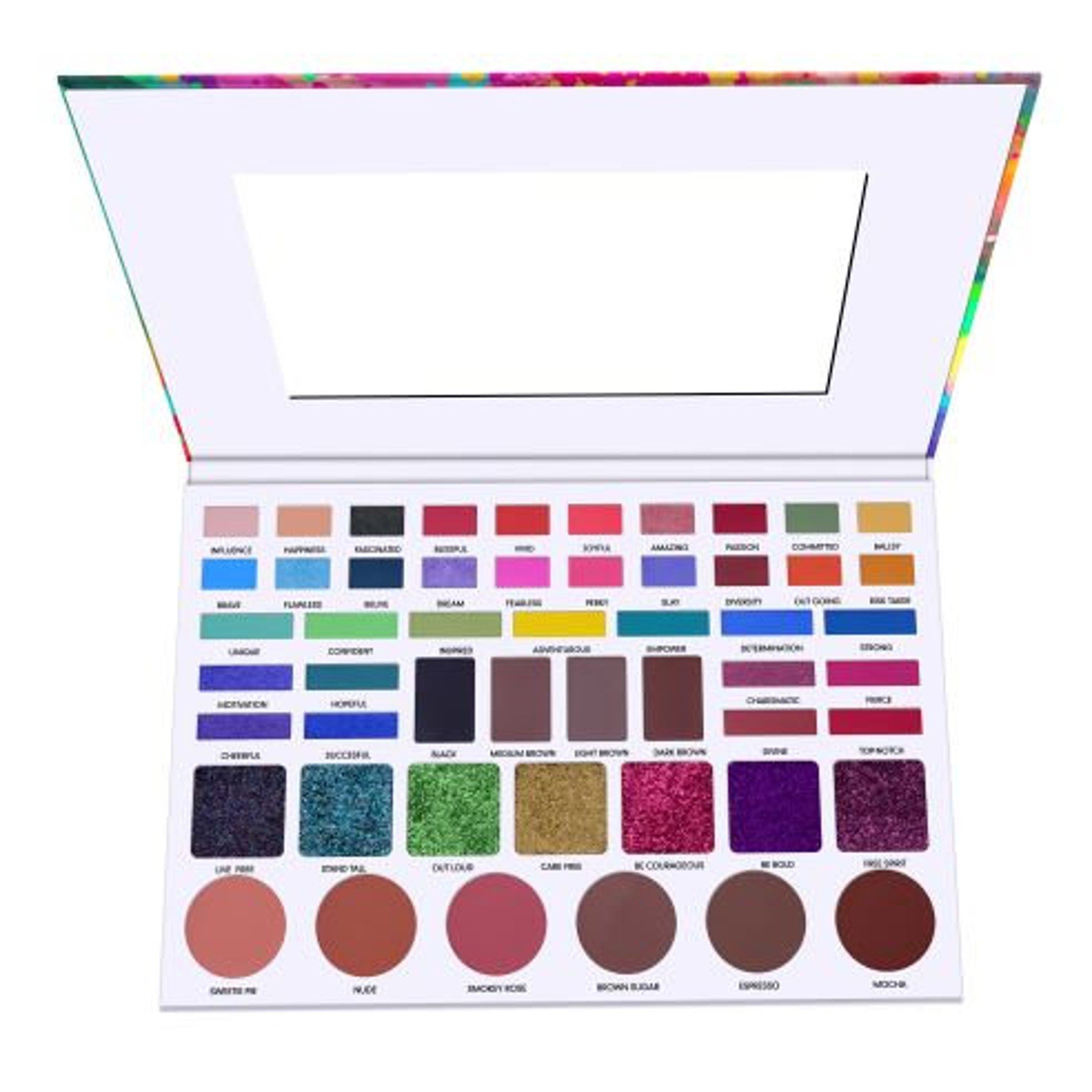 Eyeshadow palette with colorful shades, glitter, and matte finishes, in an open palette with mirror.