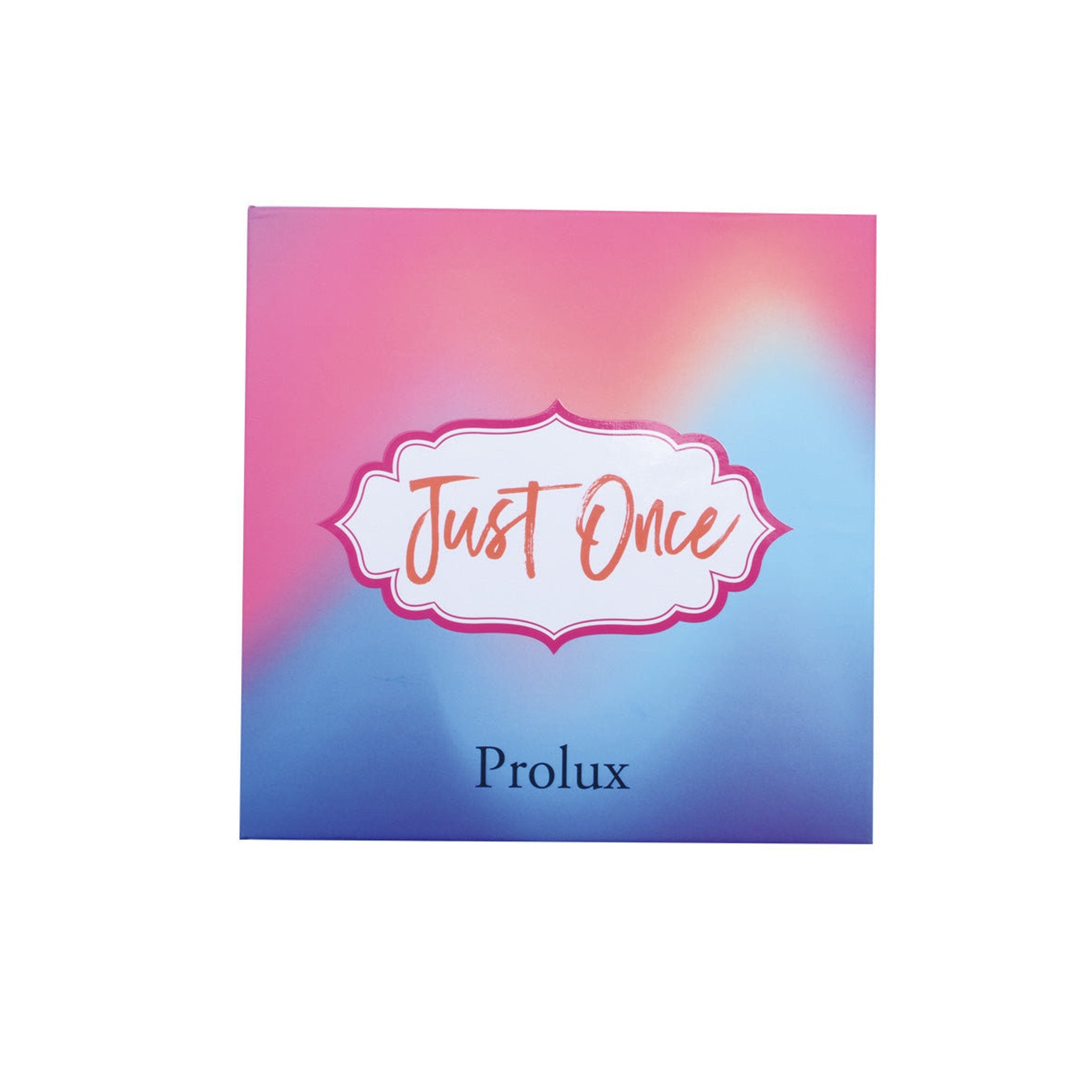 Gradient background with "Just Once" text in orange and "Prolux" text in black lettering