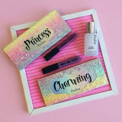 Makeup set with glittery boxes, lip gloss, and primer bottles, Prolux brand
