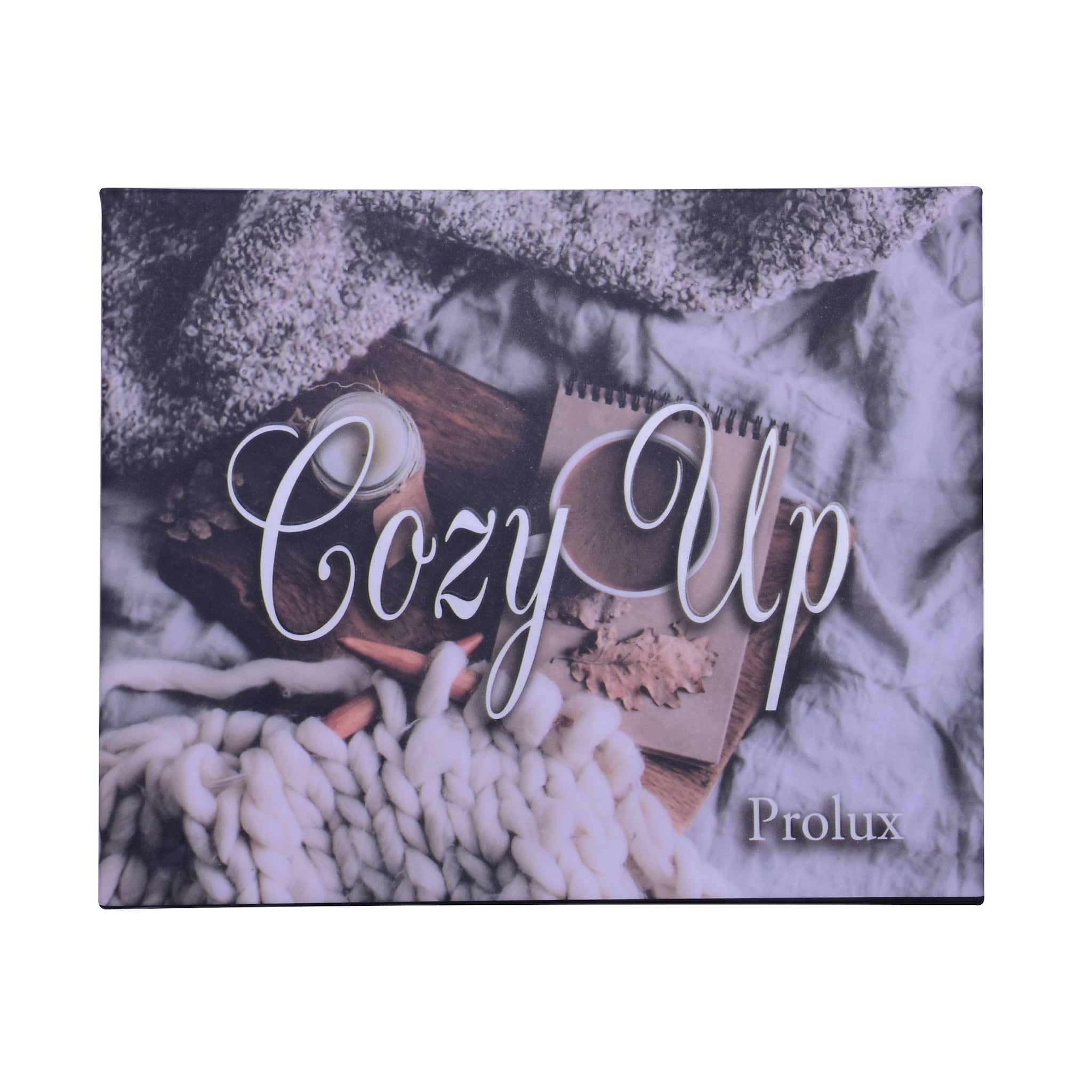 Cozy Up print with white script, neutral colors, and Prolux brand text on a blanket background