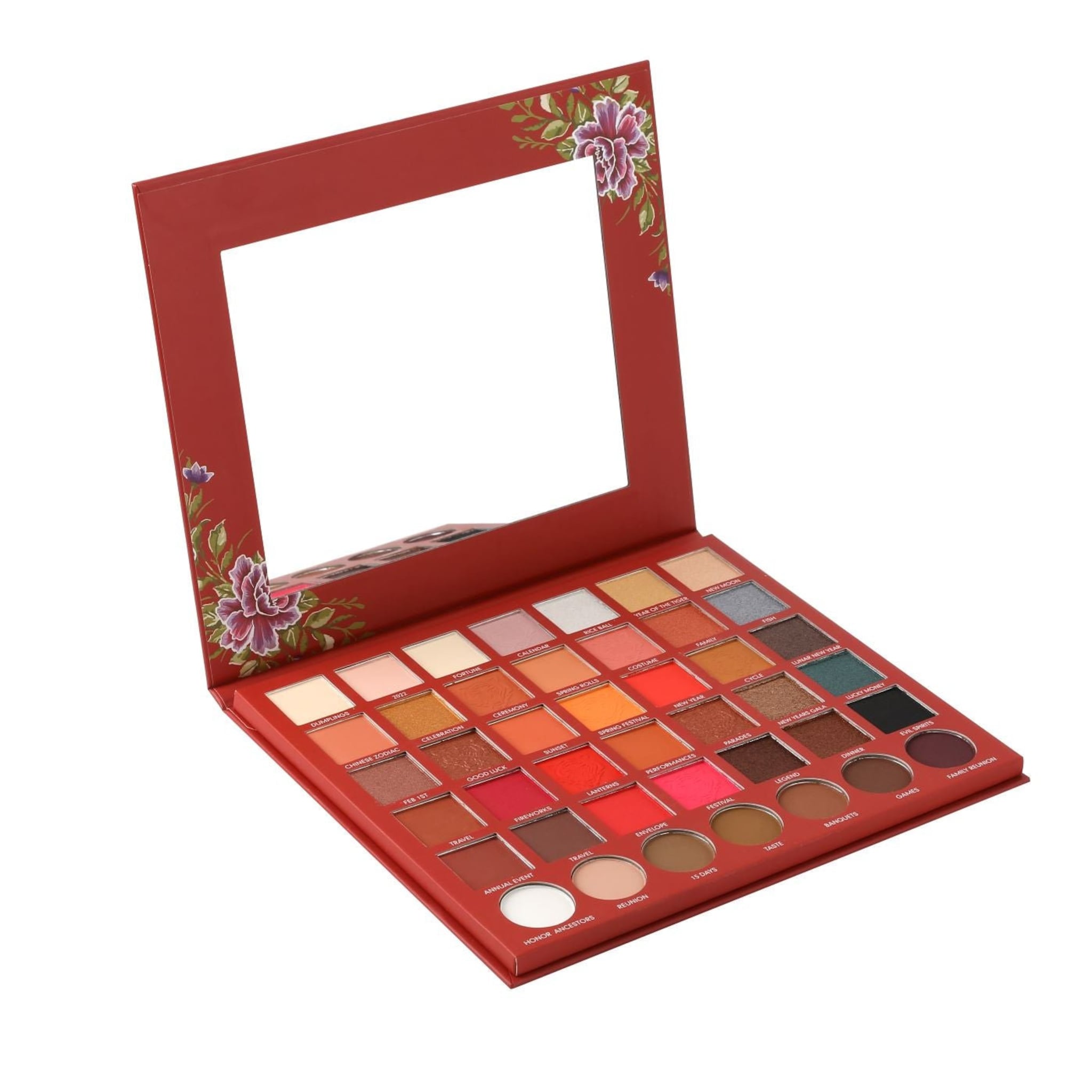 Eyeshadow palette in red with floral pattern and mirror, open to reveal multiple colors