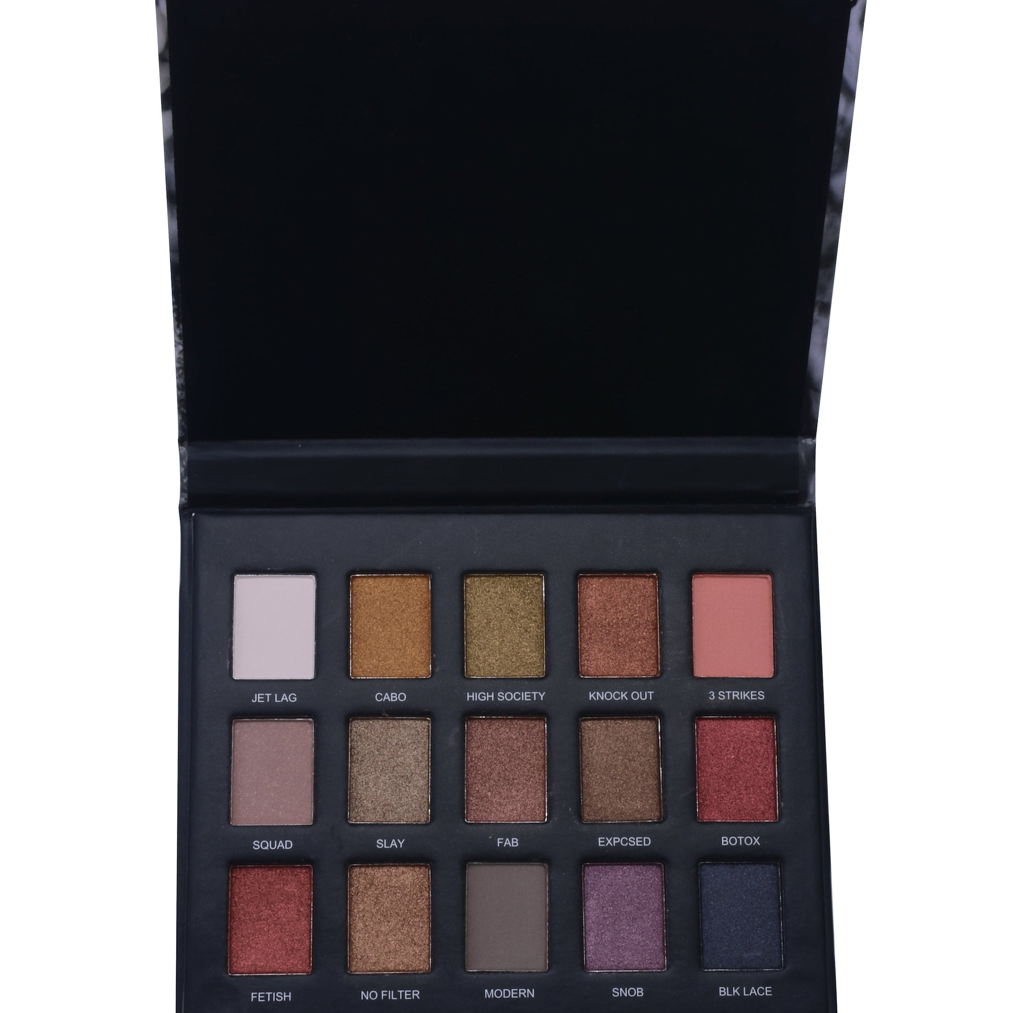 Eyeshadow palette with multiple colors, matte black case, and individual shadow names visible