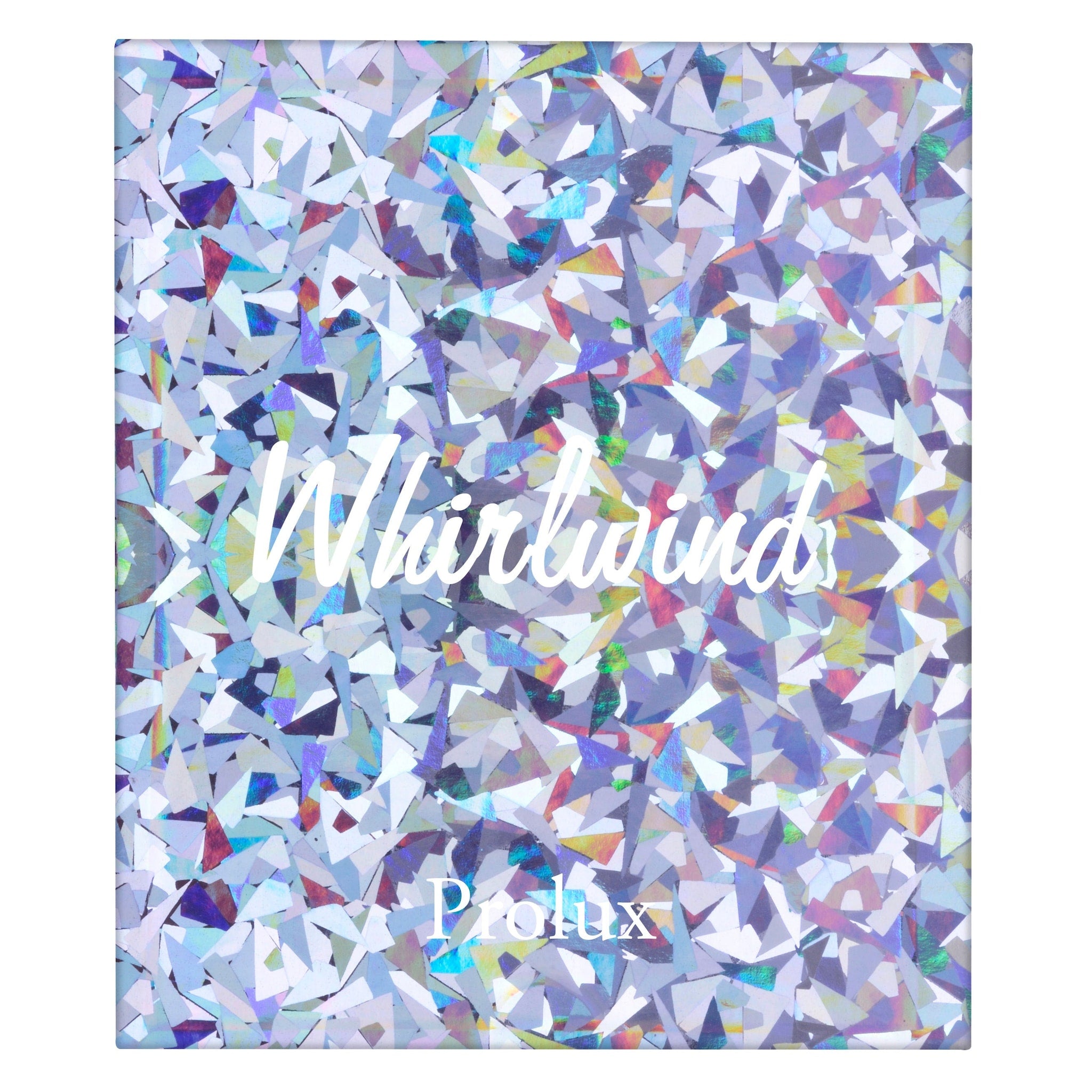 Whirlwinds pattern with iridescent geometric shapes in purple, blue, and white, Prolux text visible