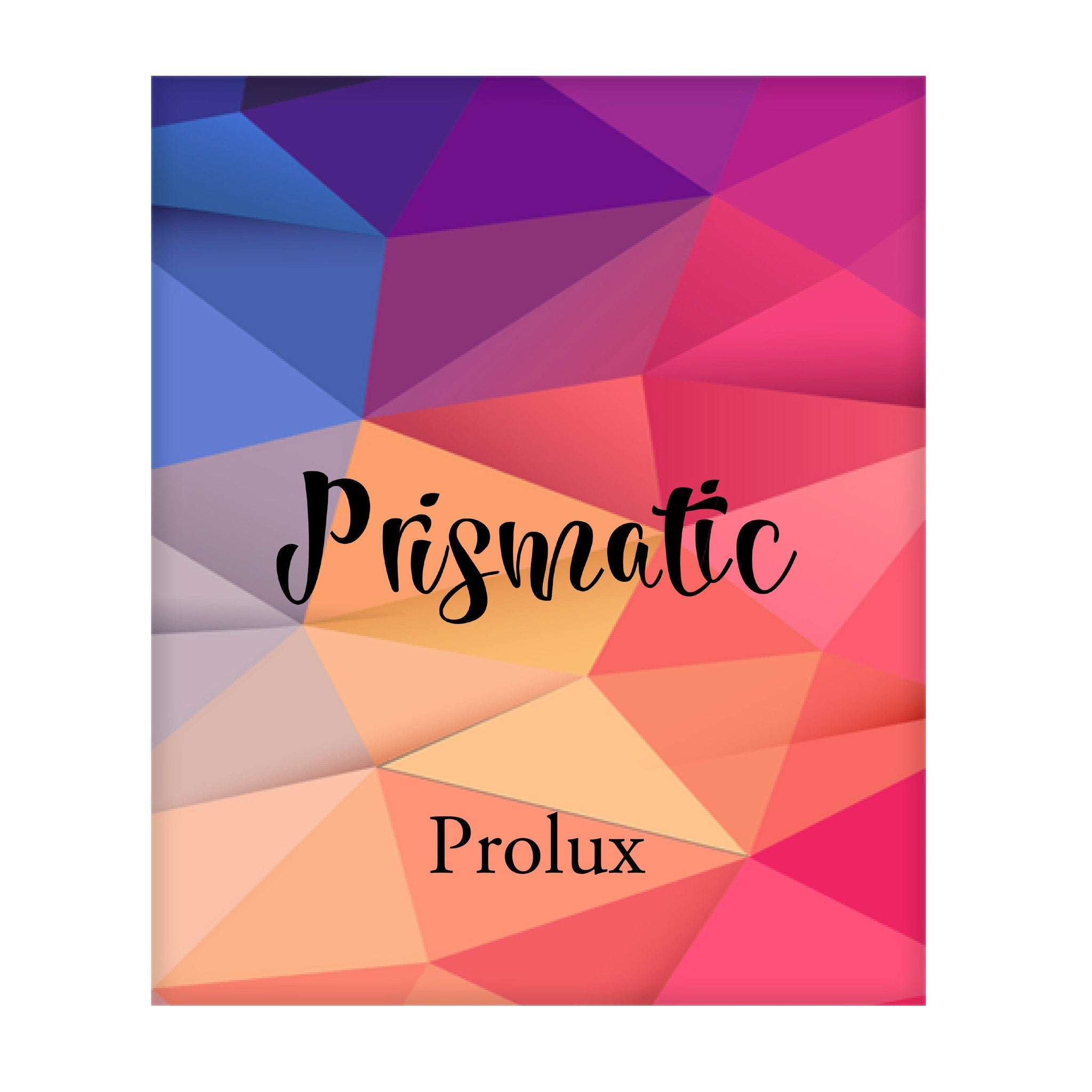 Geometric background with multi-color triangles, "Prismatic" text, and "Prolux" brand name
