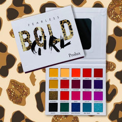 Eyeshadow palette with multiple colors, Prolux brand, and leopard print accents