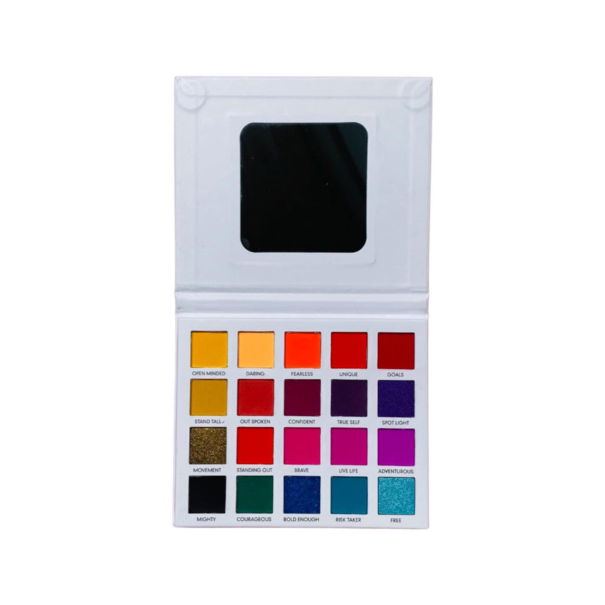 Eyeshadow palette with multiple colors, a mirror, and a white case for makeup application.