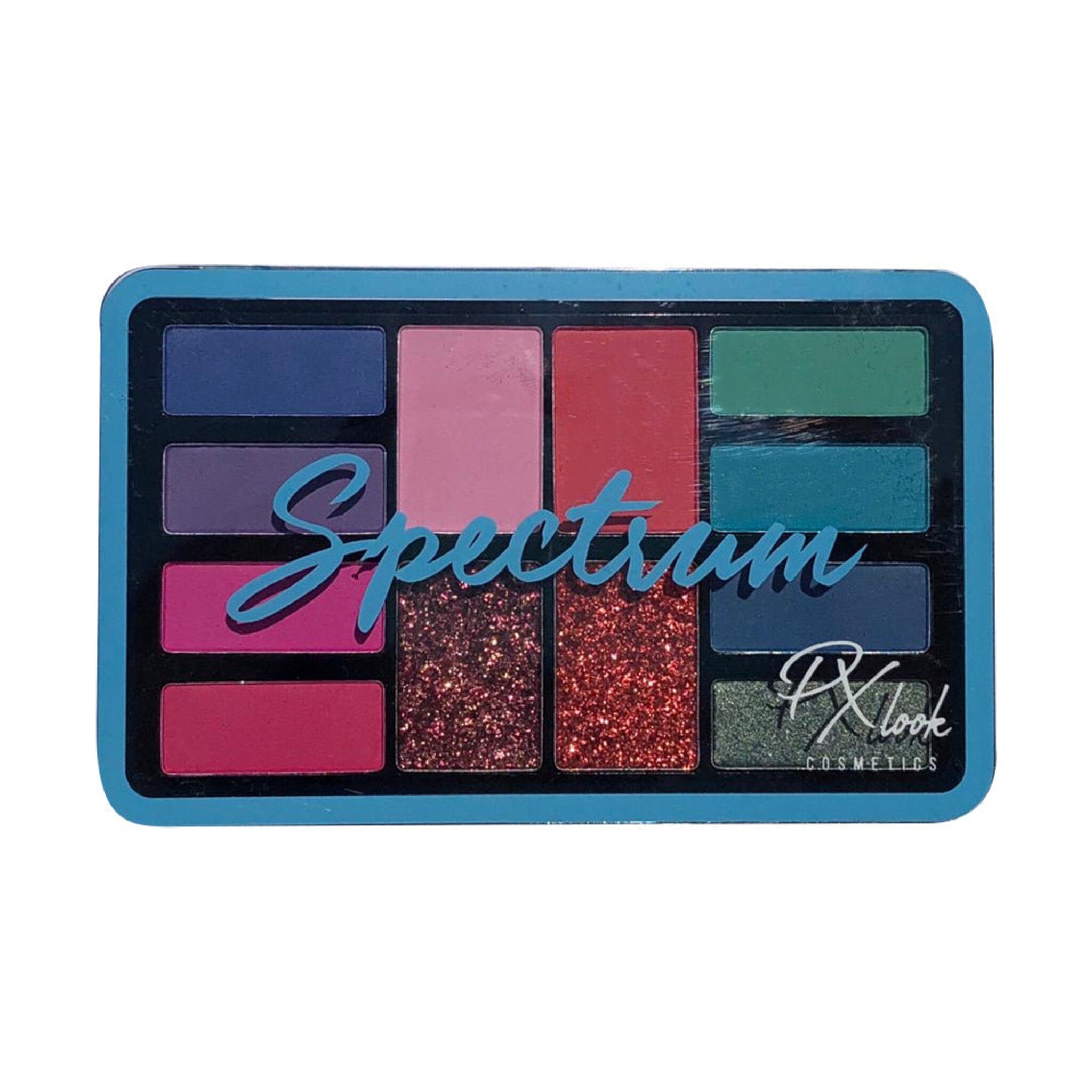 Eyeshadow palette with multiple colors, glitter, and PXlook branding in a rectangular case