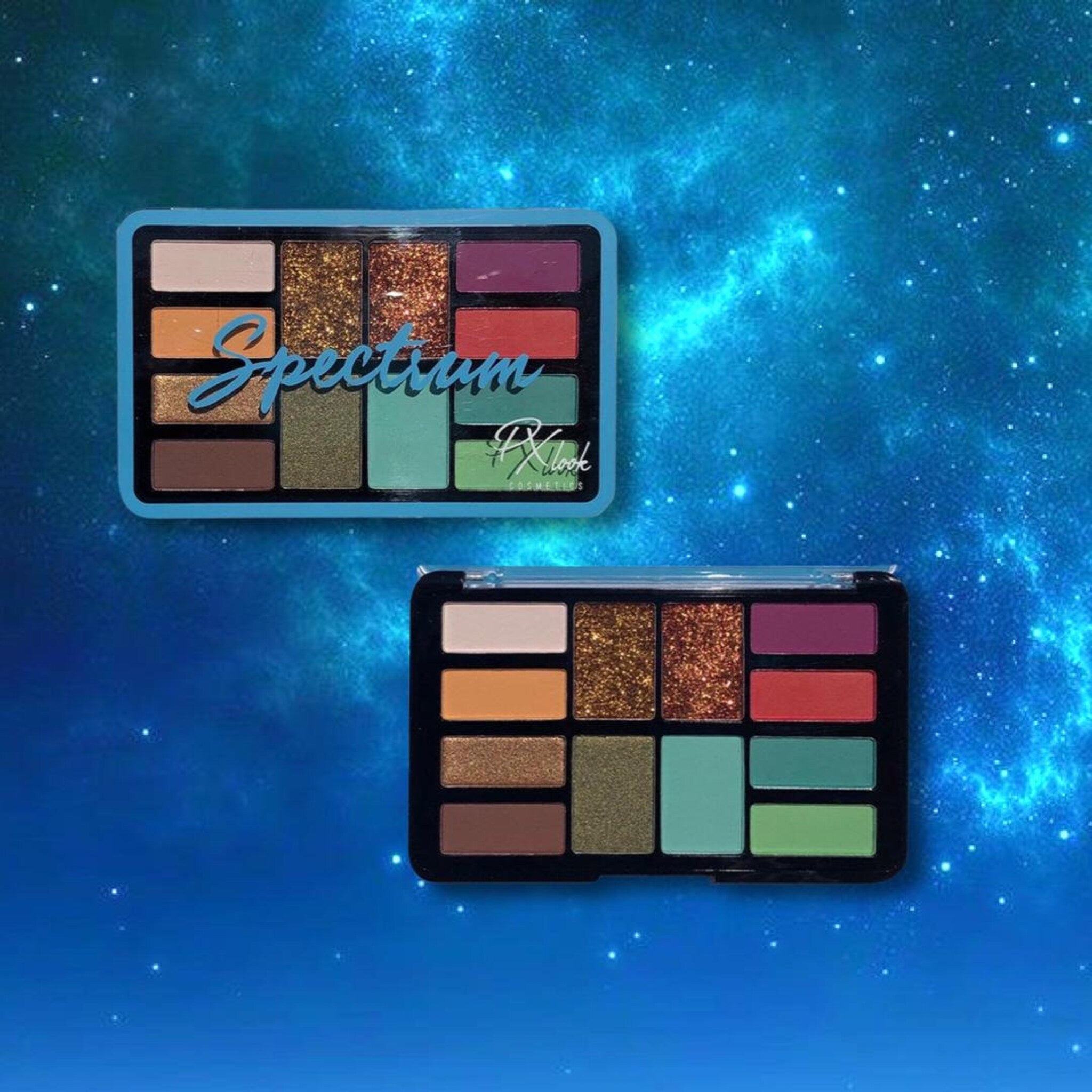 Eyeshadow palette with multiple colors, glitter, and Spectrum branding in a black case
