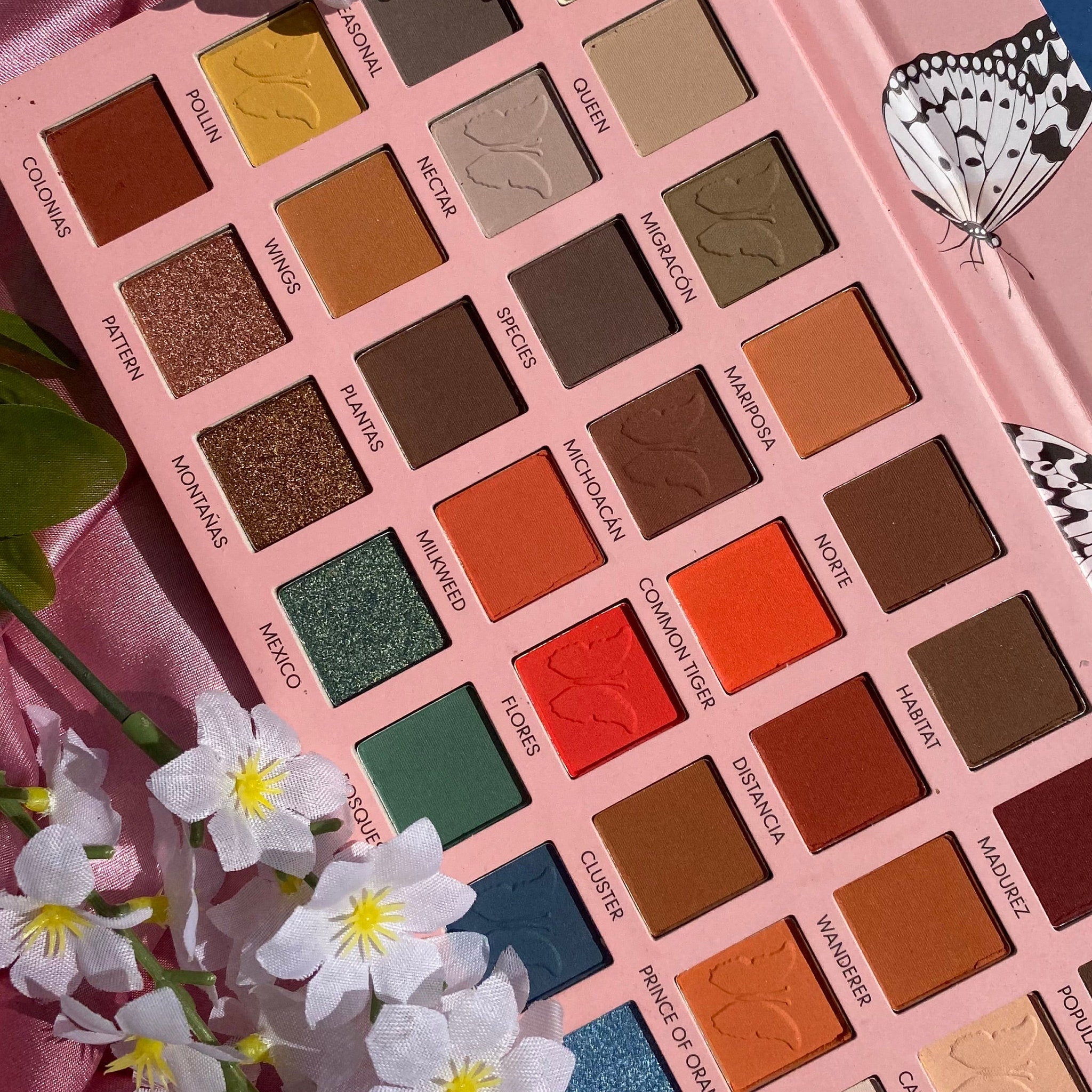 Eyeshadow palette with pink, orange, and brown shades, Prolux Monarka brand, butterfly design