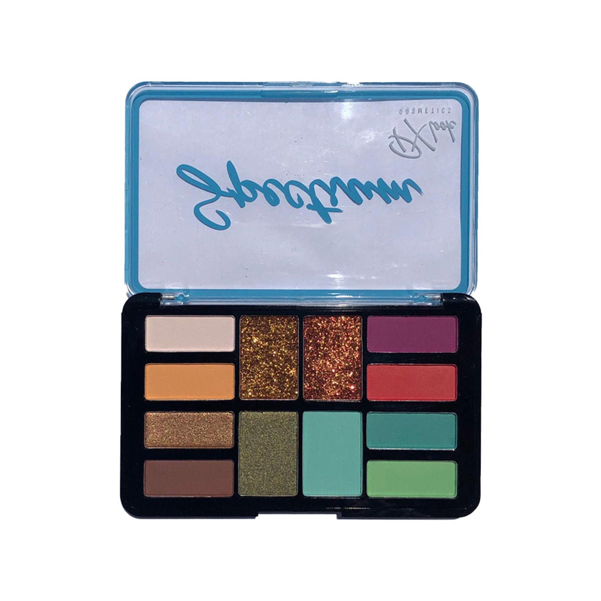 Eyeshadow palette with blue lid, multi-color eyeshadow shades, and black compact case